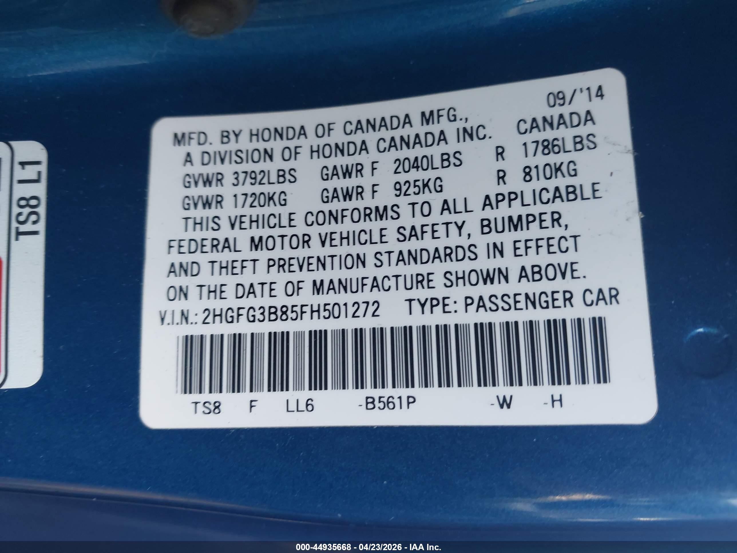 2015 Honda Civic Ex Blue vin: 2HGFG3B85FH501272