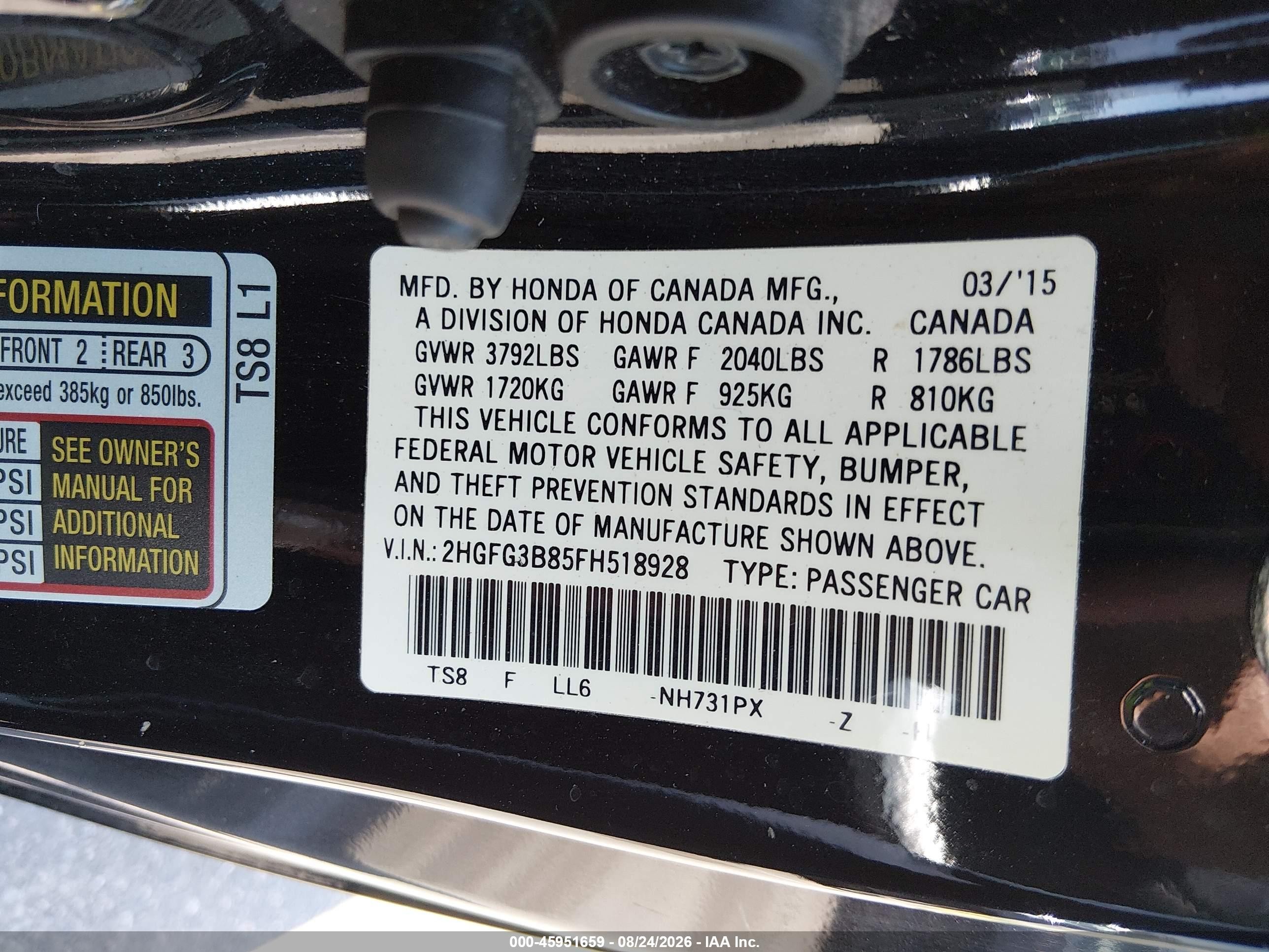 2015 Honda Civic Ex Черный vin: 2HGFG3B85FH518928