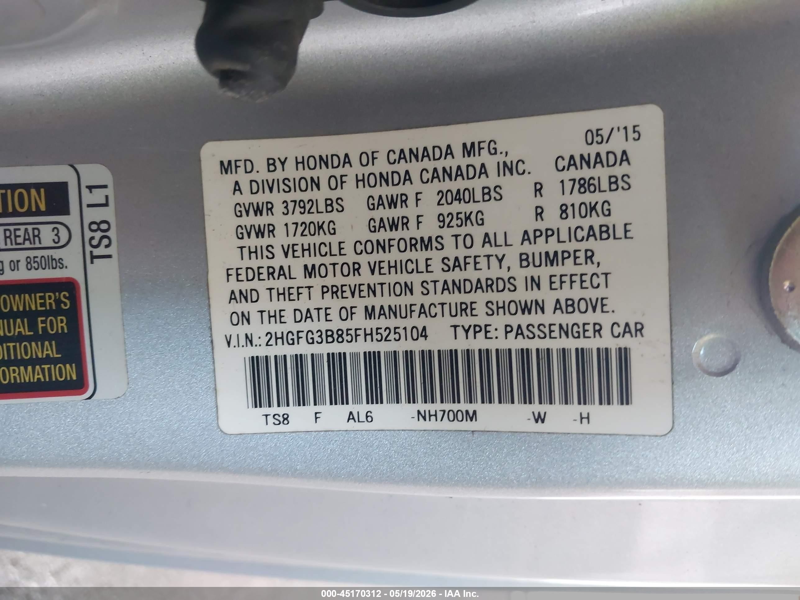 2015 Honda Civic Ex Silver vin: 2HGFG3B85FH525104