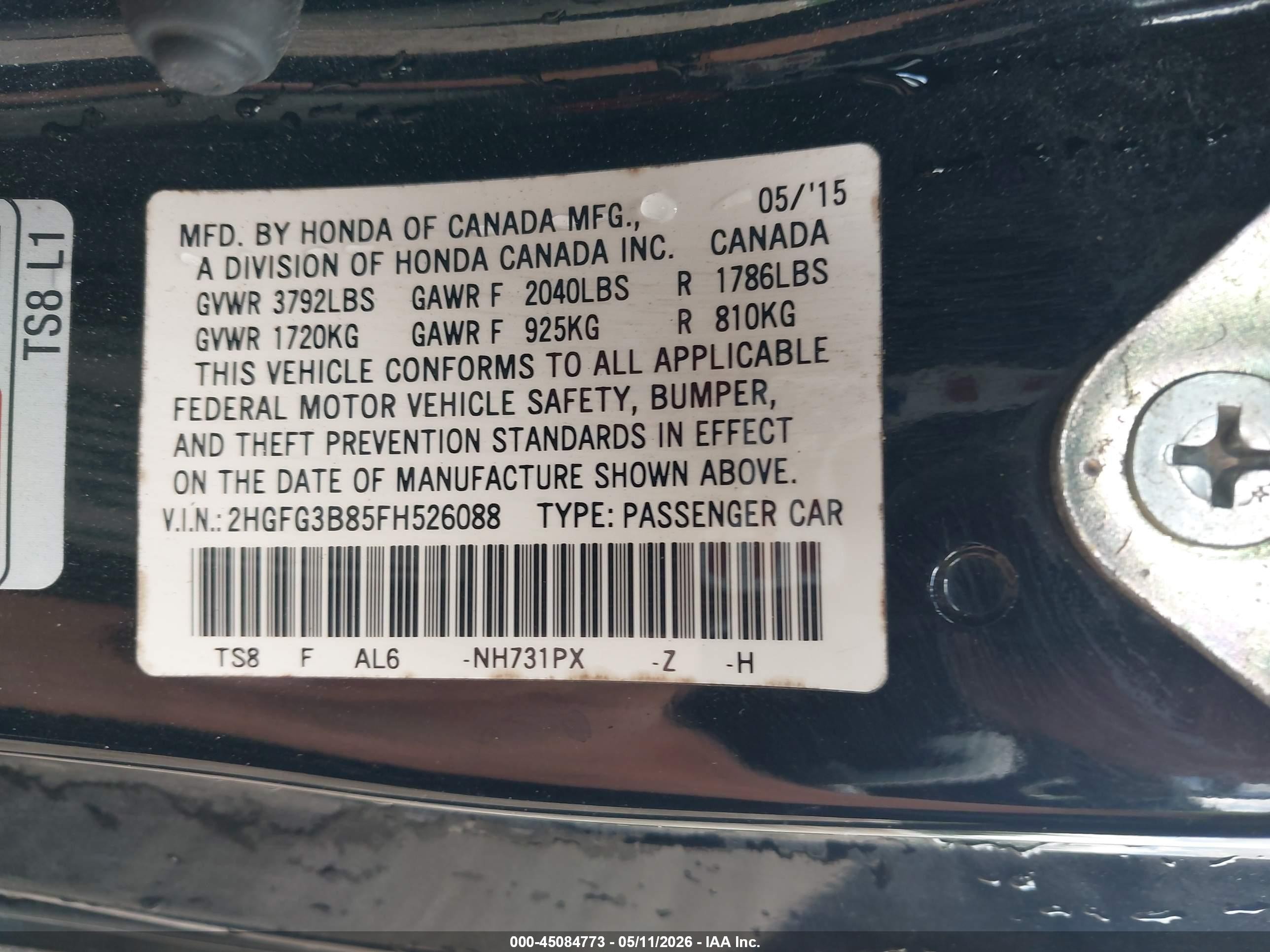 2015 Honda Civic Ex Black vin: 2HGFG3B85FH526088