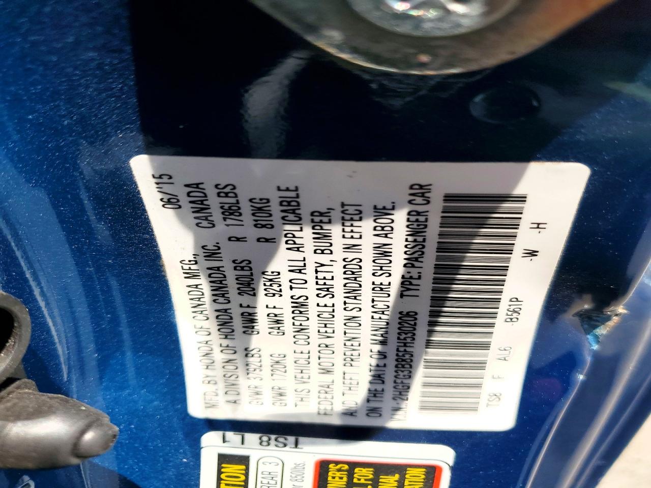 2015 Honda Civic Ex Blue vin: 2HGFG3B85FH530206