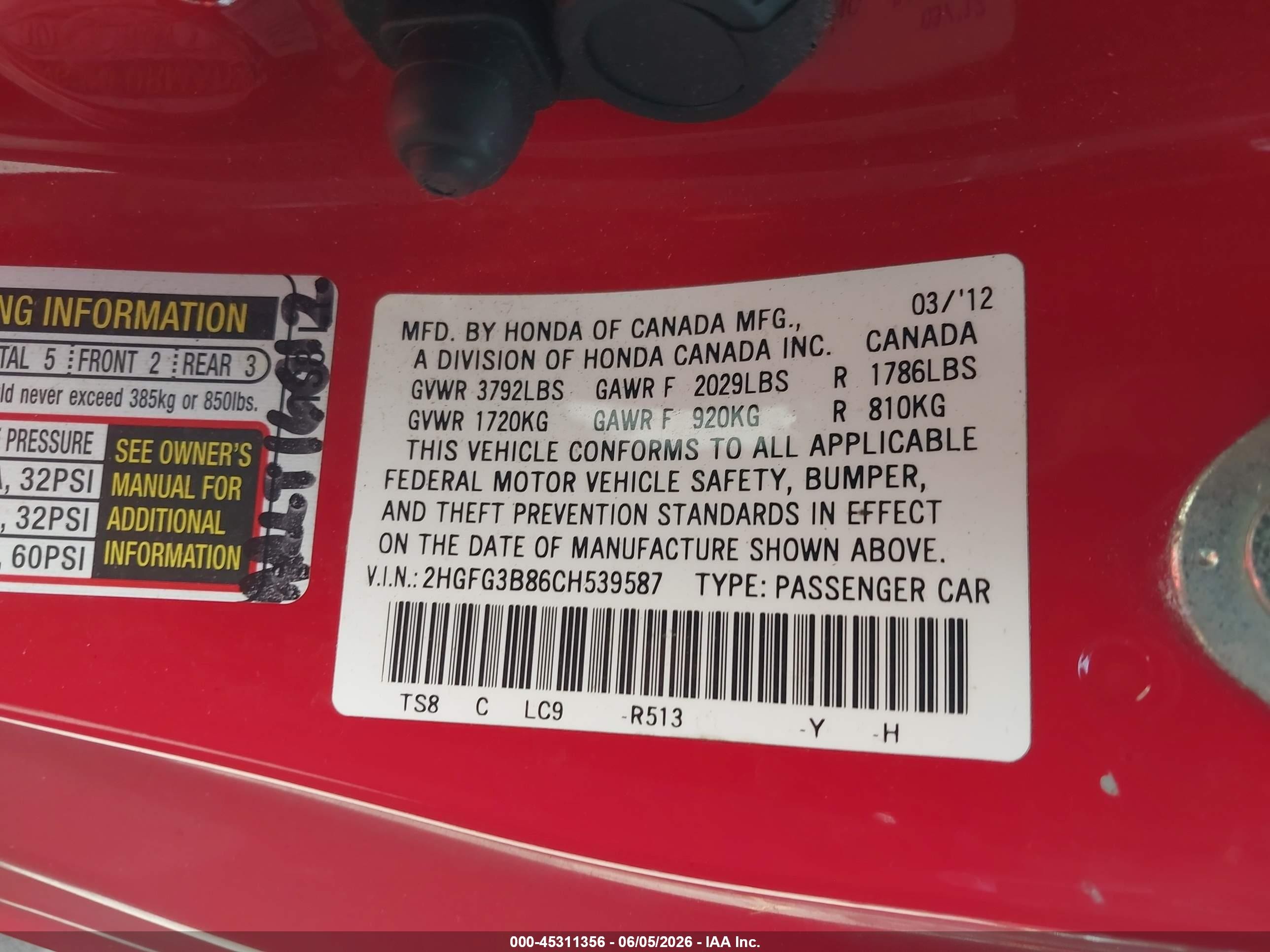2012 Honda Civic Ex Red vin: 2HGFG3B86CH539587