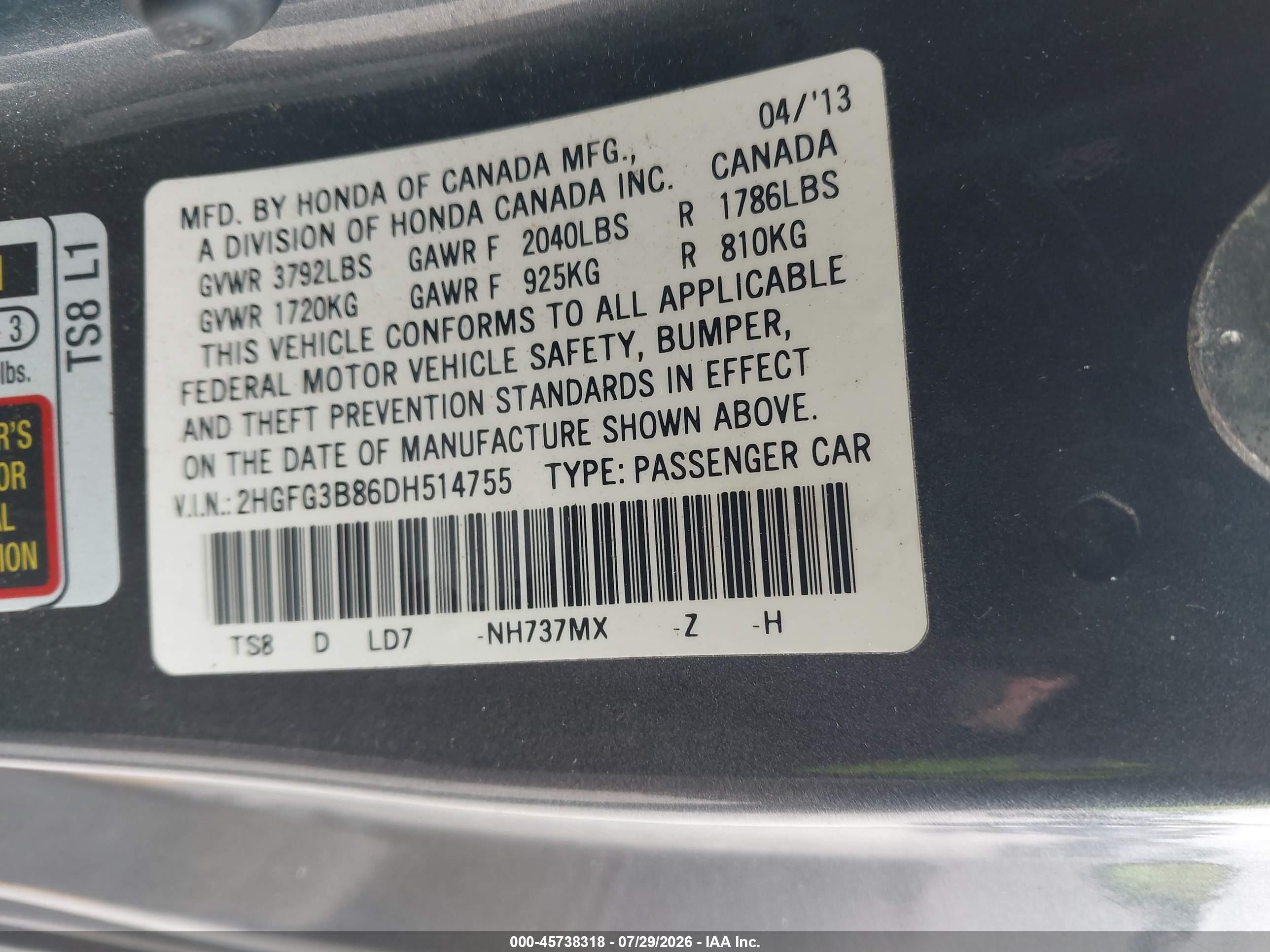 2013 Honda Civic Ex Gray vin: 2HGFG3B86DH514755