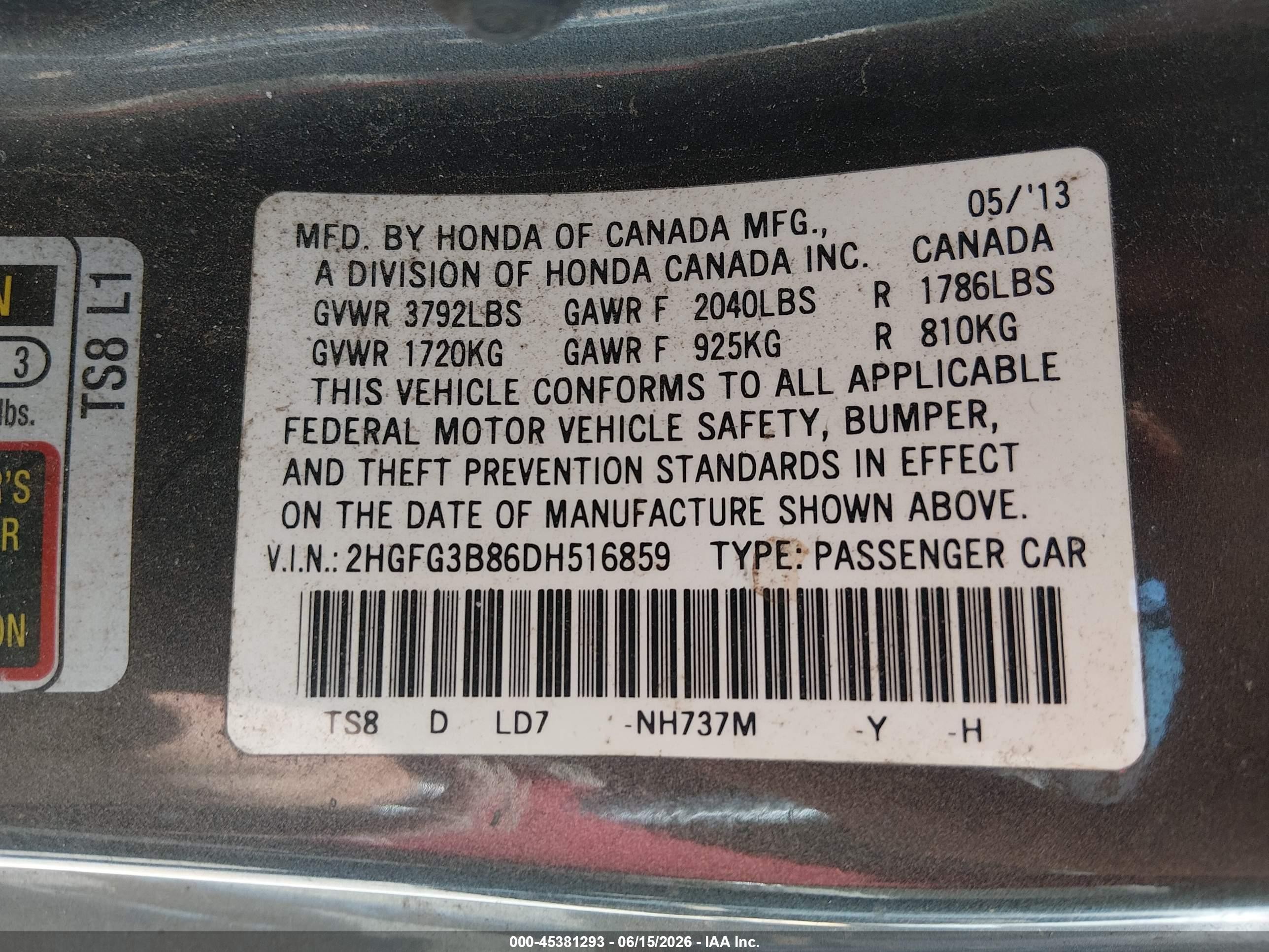 2013 Honda Civic Ex Gray vin: 2HGFG3B86DH516859
