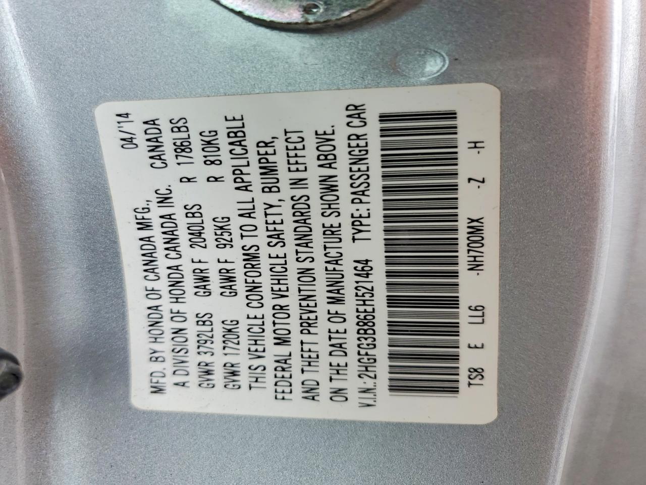 2014 Honda Civic Ex Silver vin: 2HGFG3B86EH521464