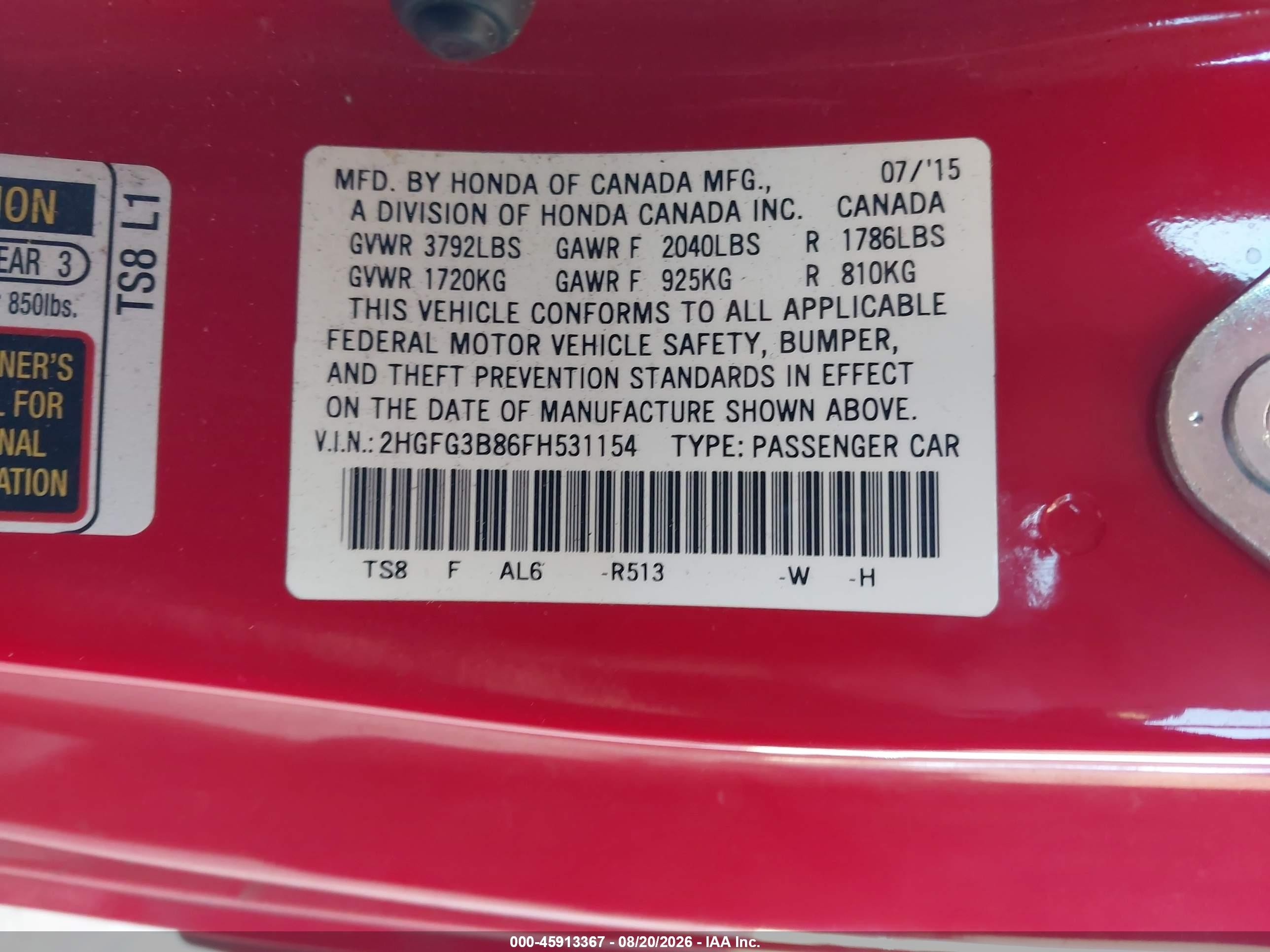 2015 Honda Civic Ex Red vin: 2HGFG3B86FH531154