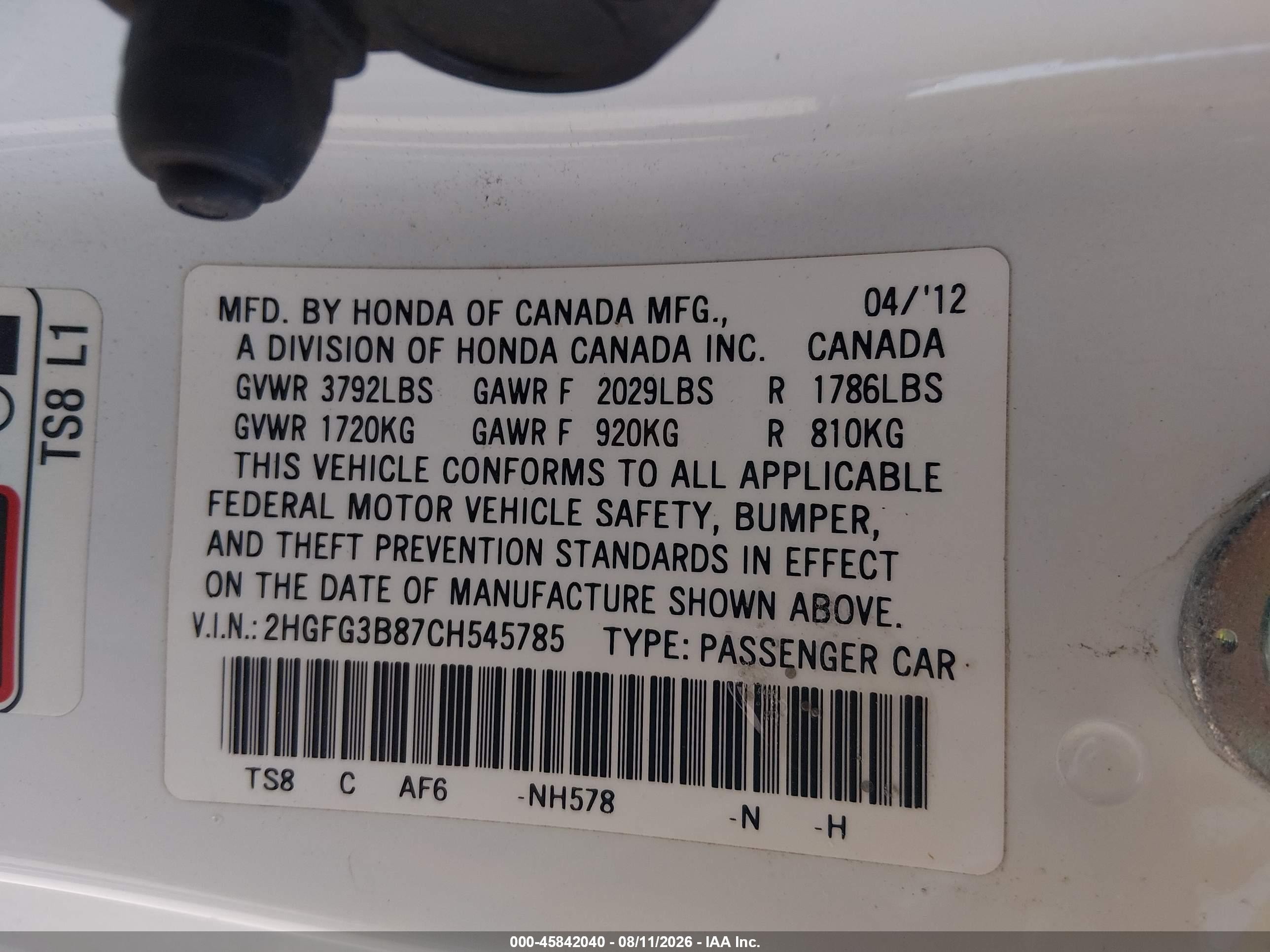 2012 Honda Civic Ex White vin: 2HGFG3B87CH545785
