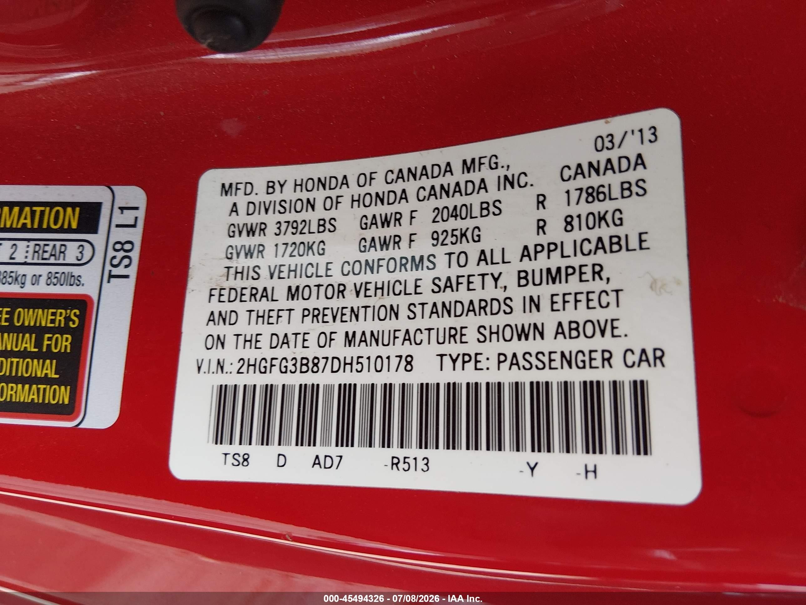 2013 Honda Civic Ex Red vin: 2HGFG3B87DH510178