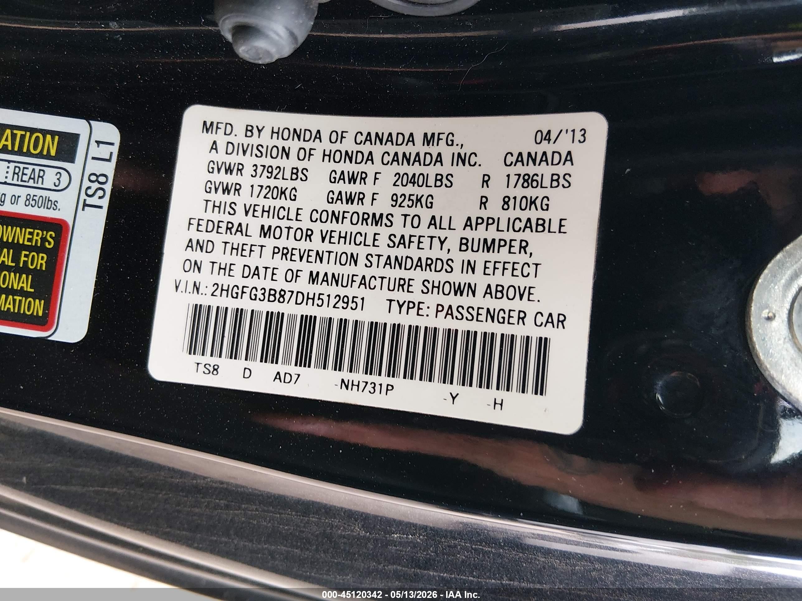 2013 Honda Civic Ex Black vin: 2HGFG3B87DH512951