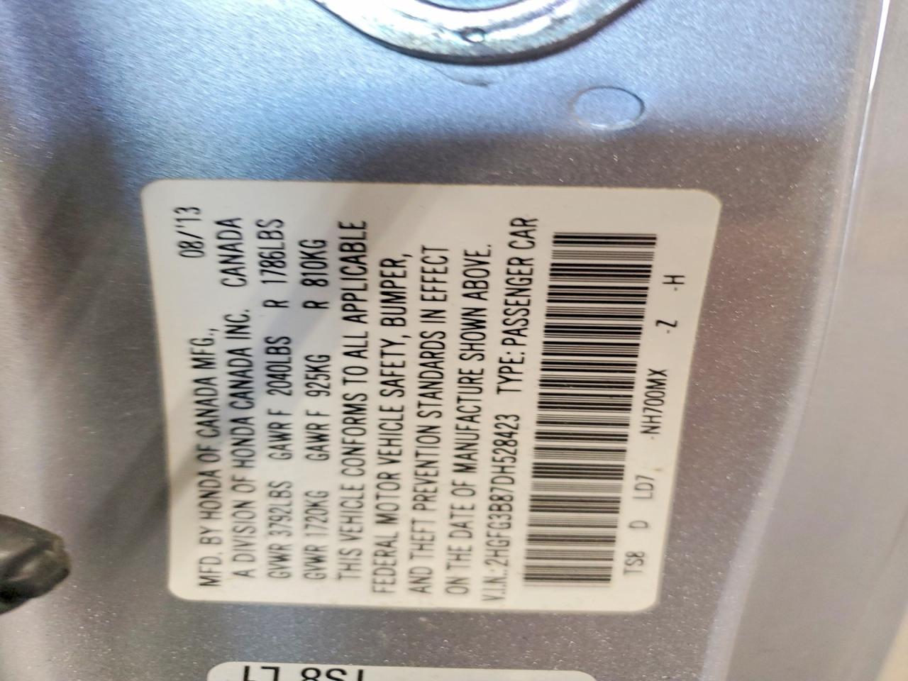 2013 Honda Civic Ex Silver vin: 2HGFG3B87DH528423