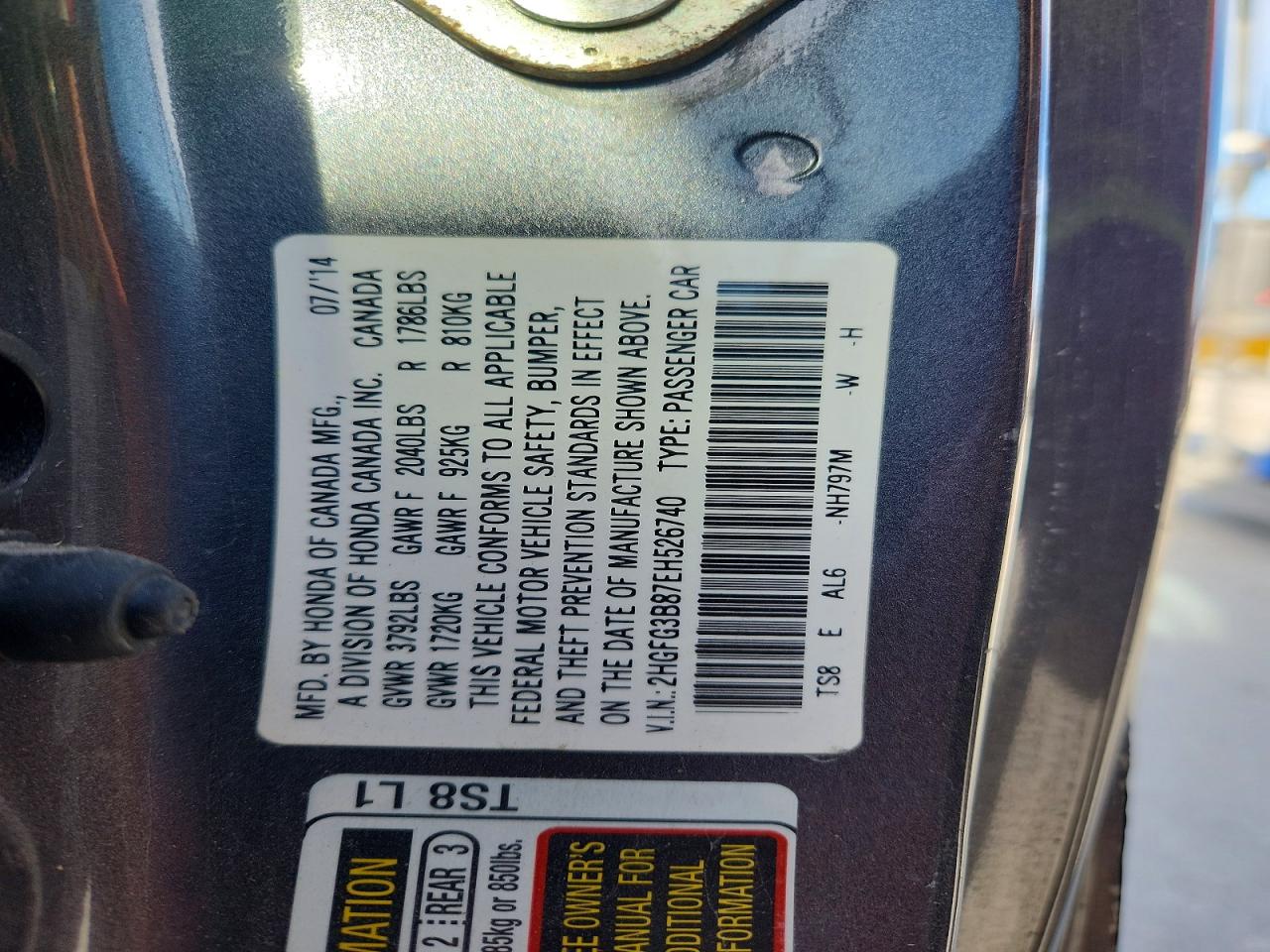 2014 Honda Civic Sedan Gray vin: 2HGFG3B87EH526740