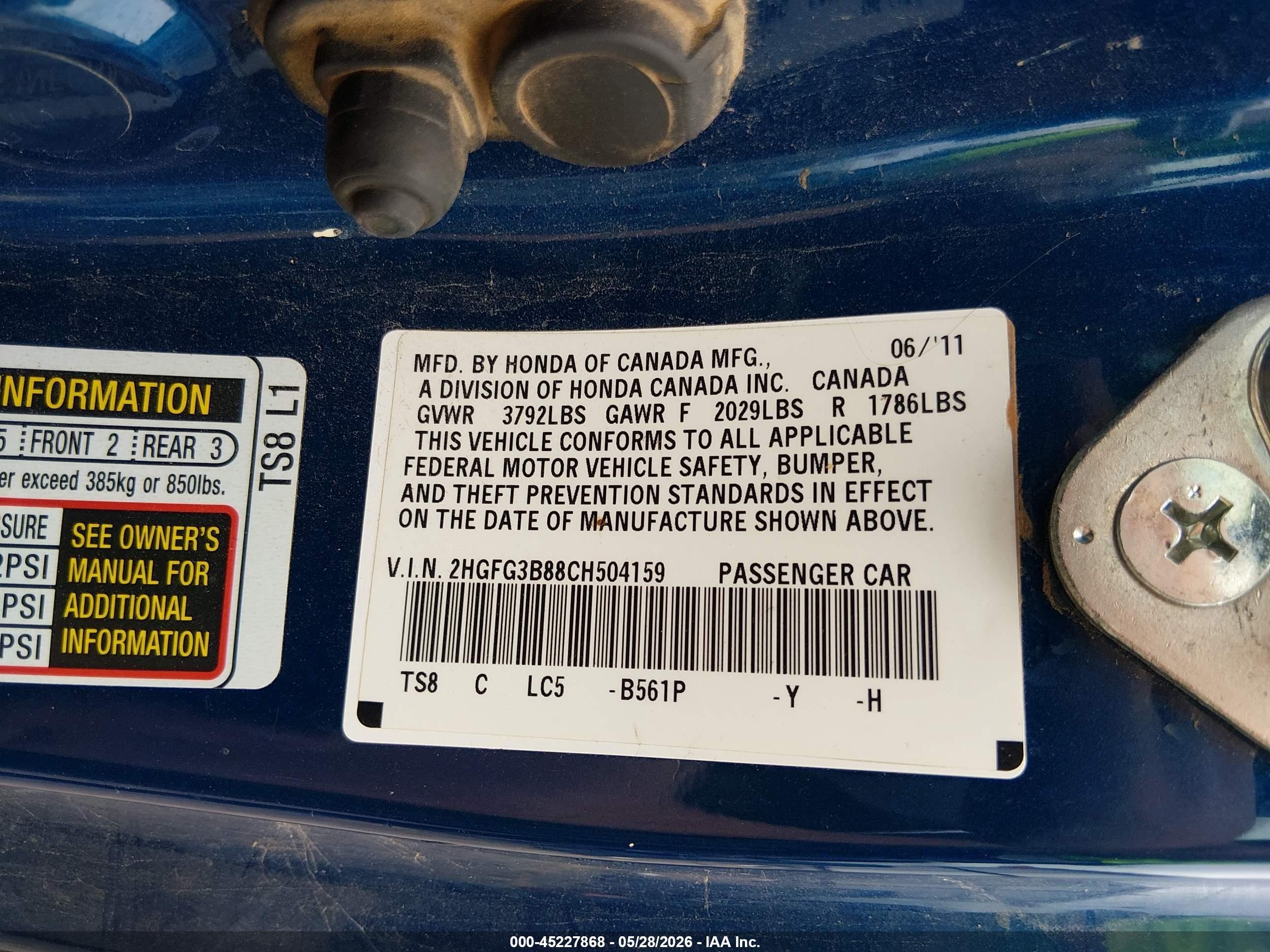 2012 Honda Civic Ex Blue vin: 2HGFG3B88CH504159