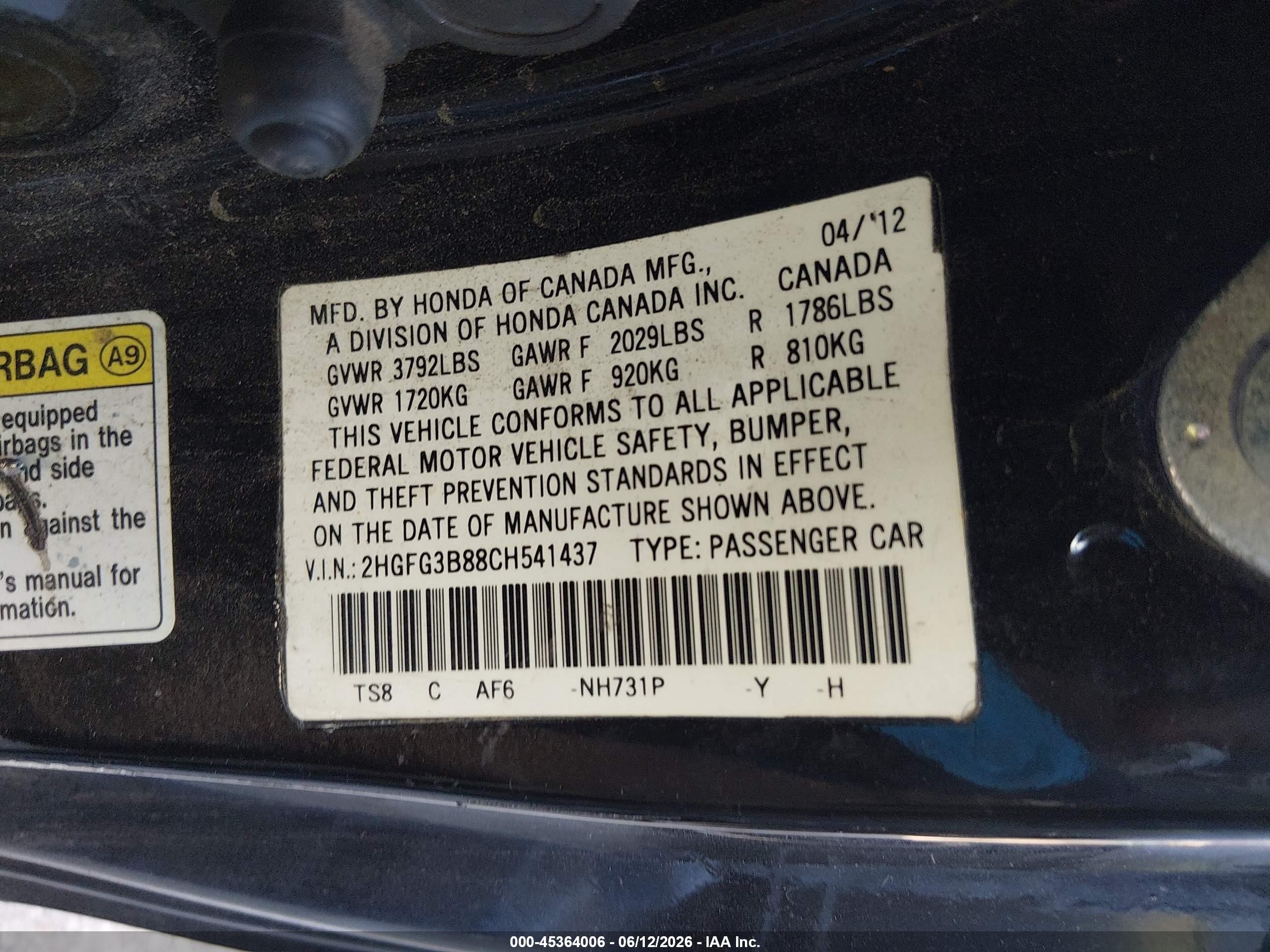2012 Honda Civic Ex Black vin: 2HGFG3B88CH541437