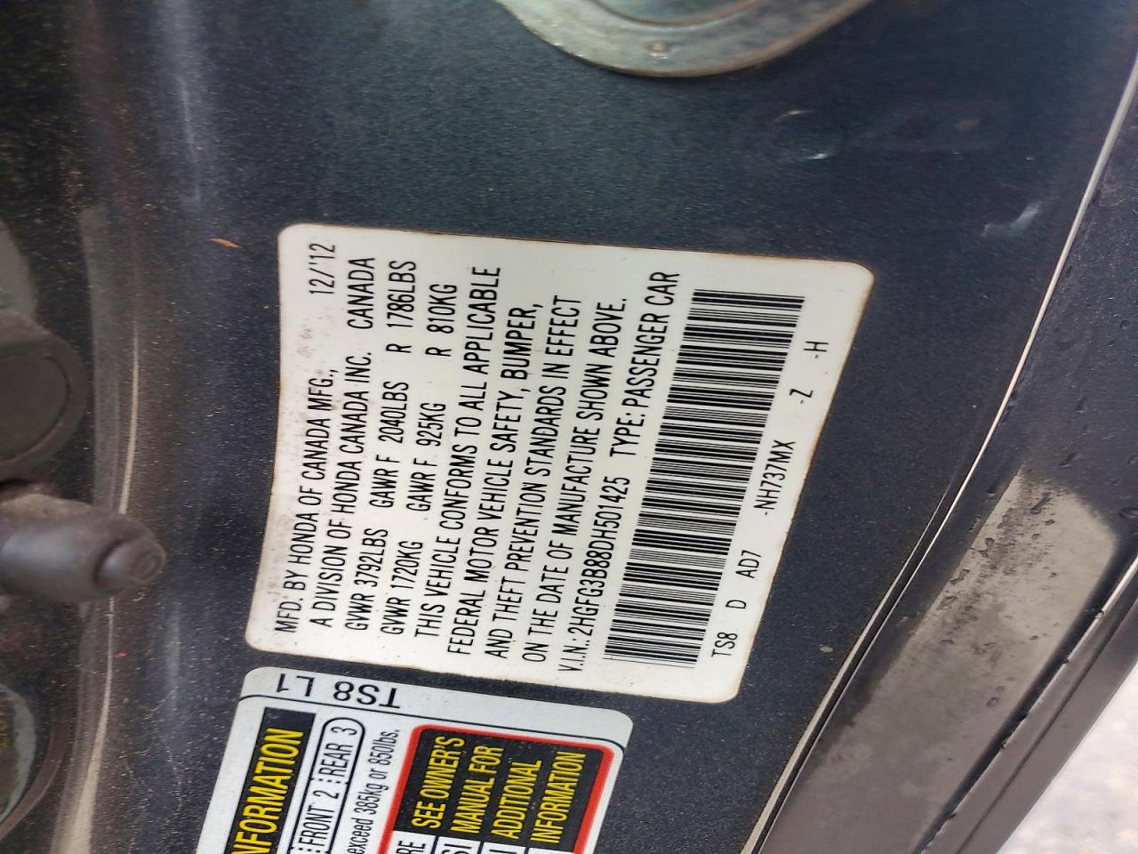 2013 Honda Civic Ex Gray vin: 2HGFG3B88DH501425