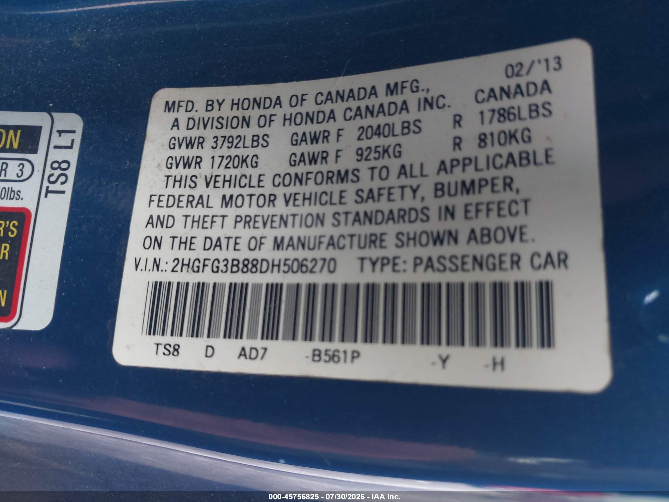 2013 Honda Civic Ex Blue vin: 2HGFG3B88DH506270