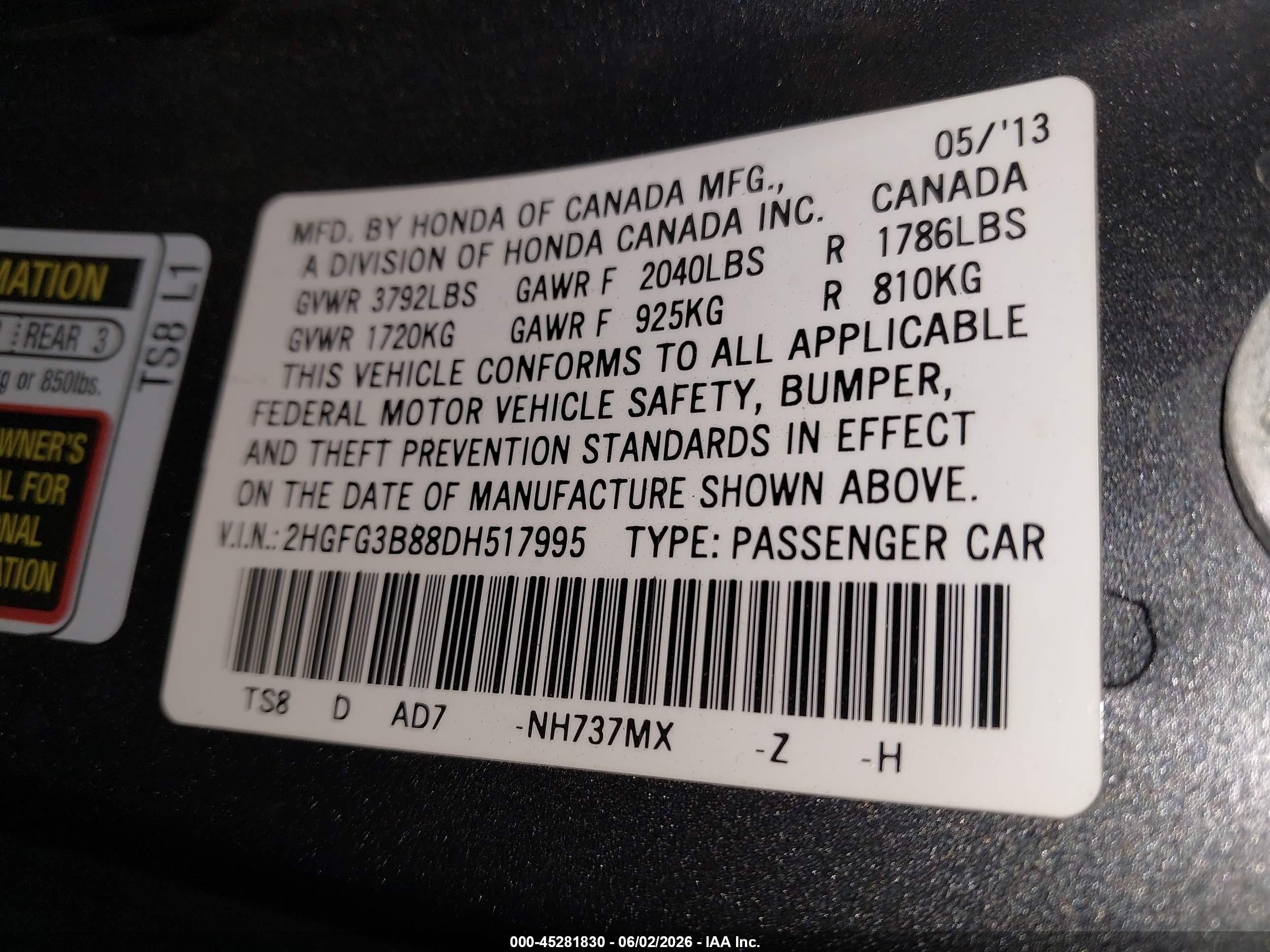2013 Honda Civic Ex Gray vin: 2HGFG3B88DH517995