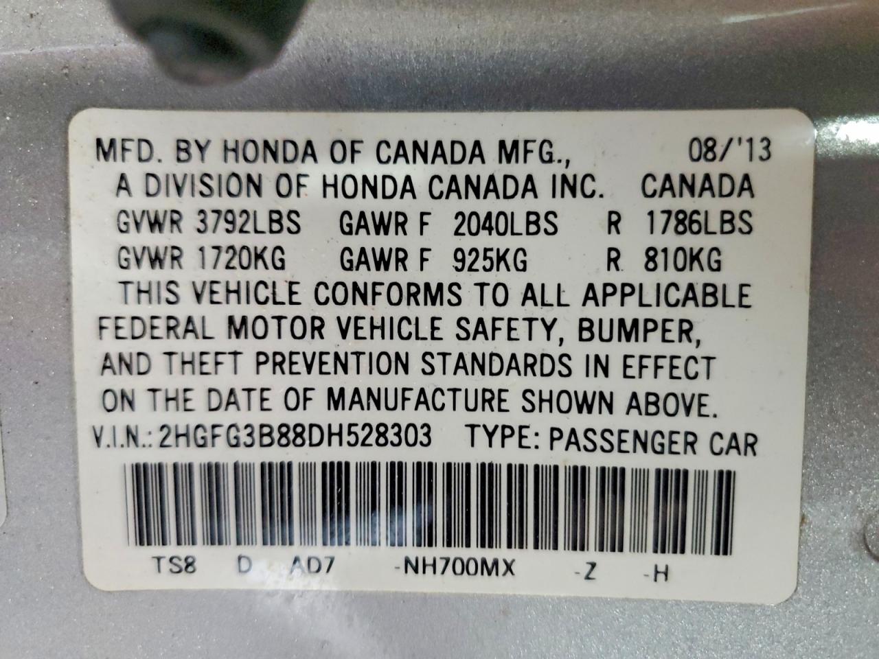 2013 Honda Civic Ex Silver vin: 2HGFG3B88DH528303