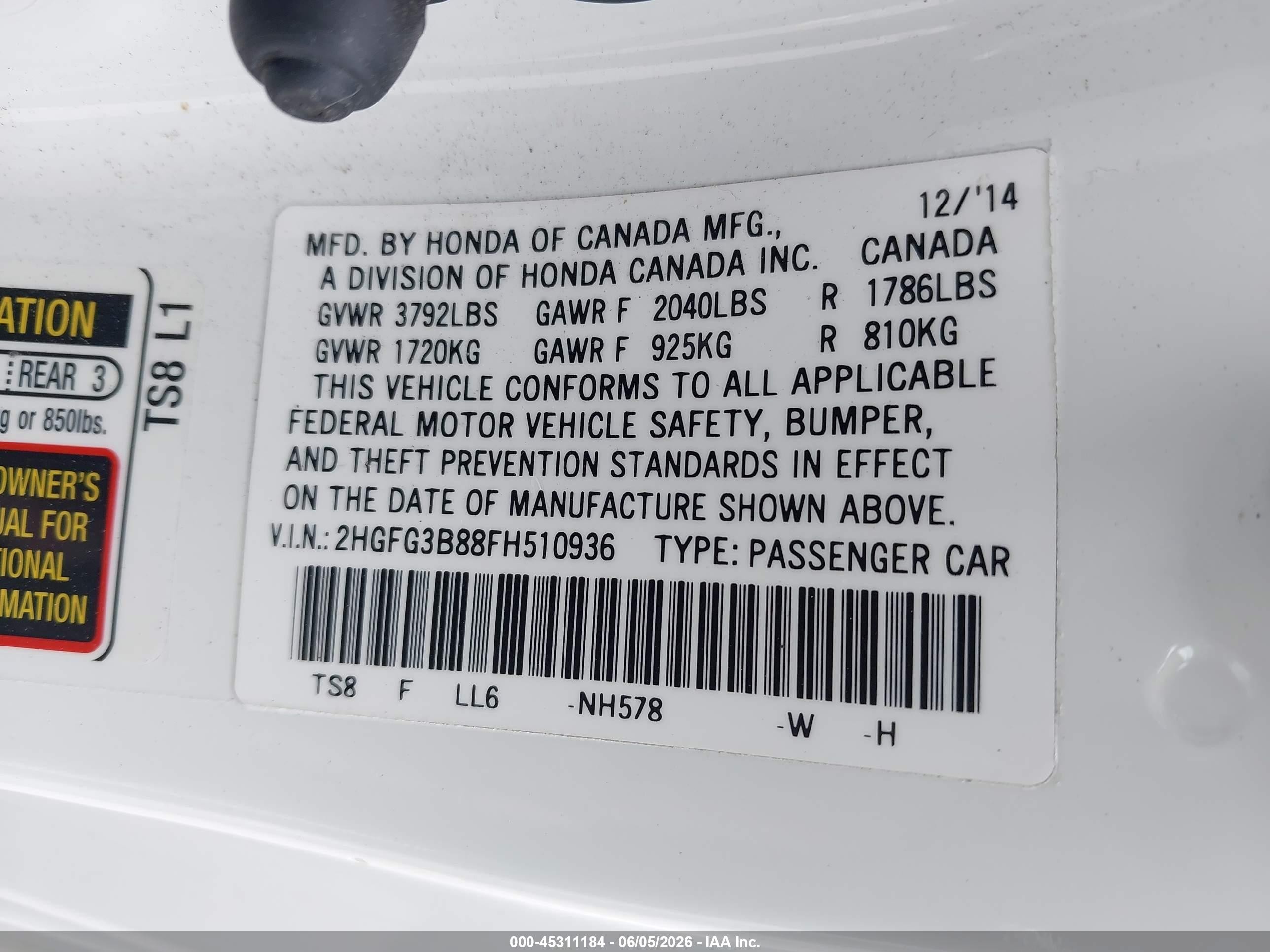 2015 Honda Civic Ex White vin: 2HGFG3B88FH510936