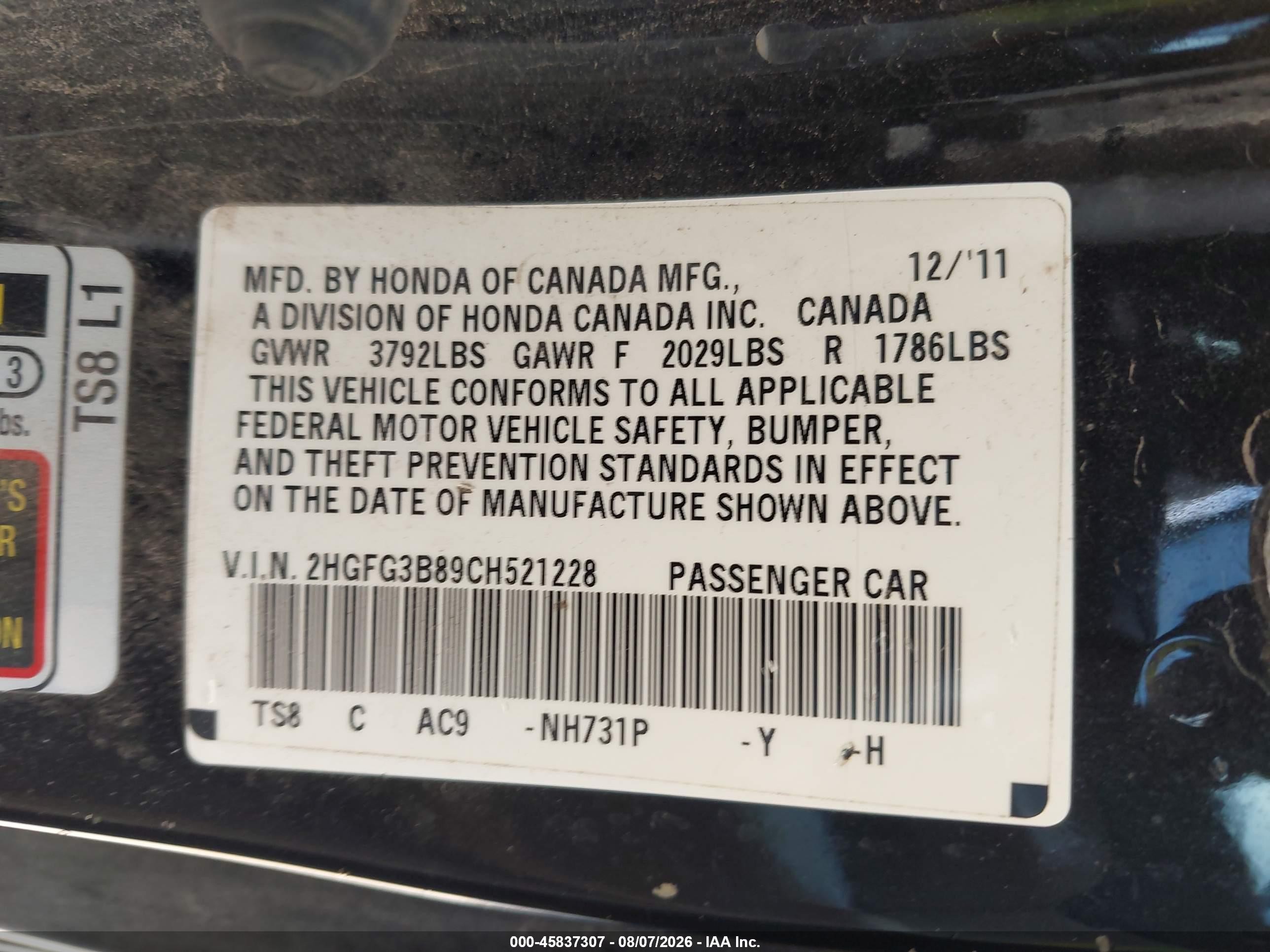 2012 Honda Civic Ex Black vin: 2HGFG3B89CH521228