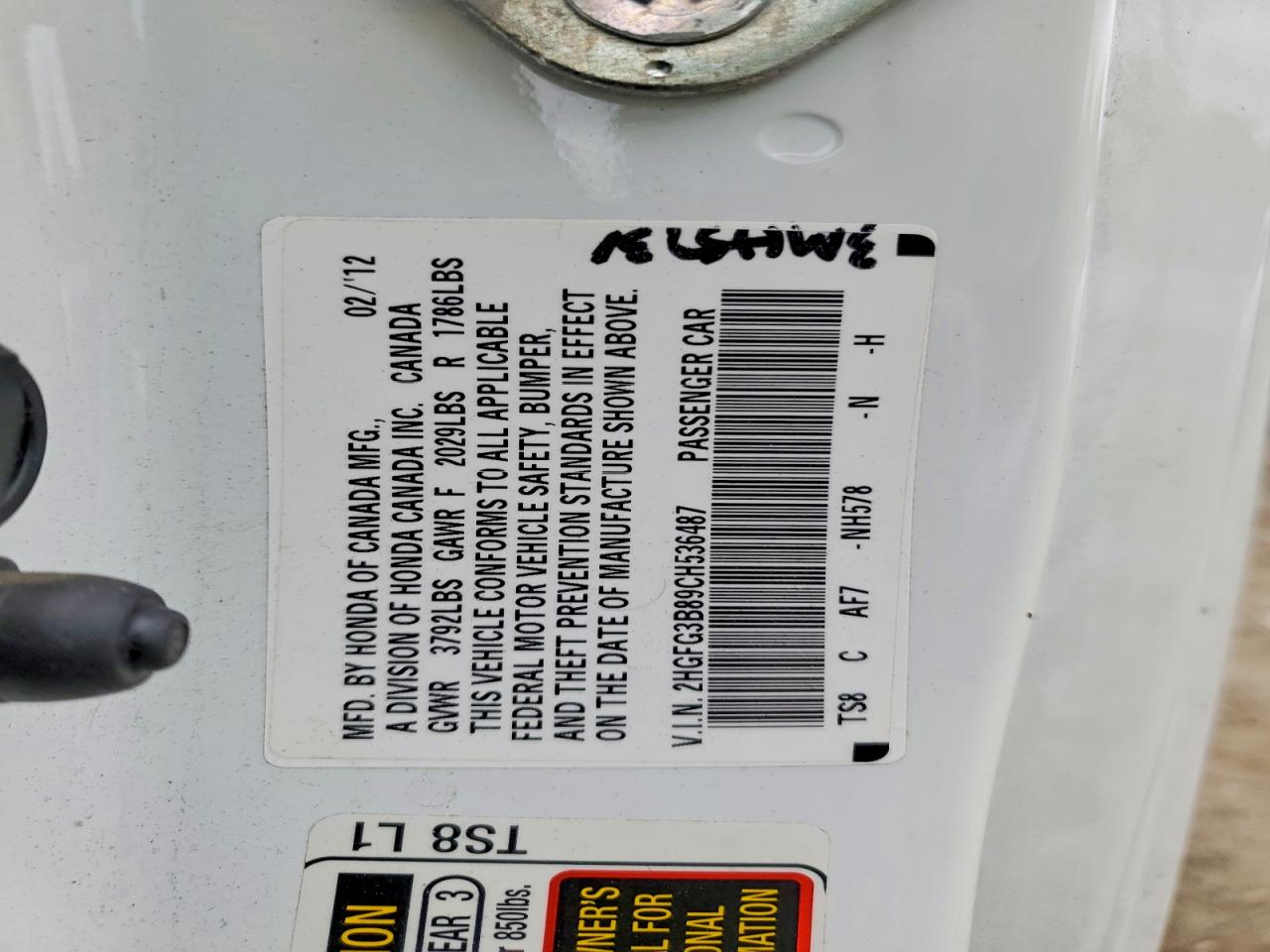 2012 Honda Civic Ex White vin: 2HGFG3B89CH536487
