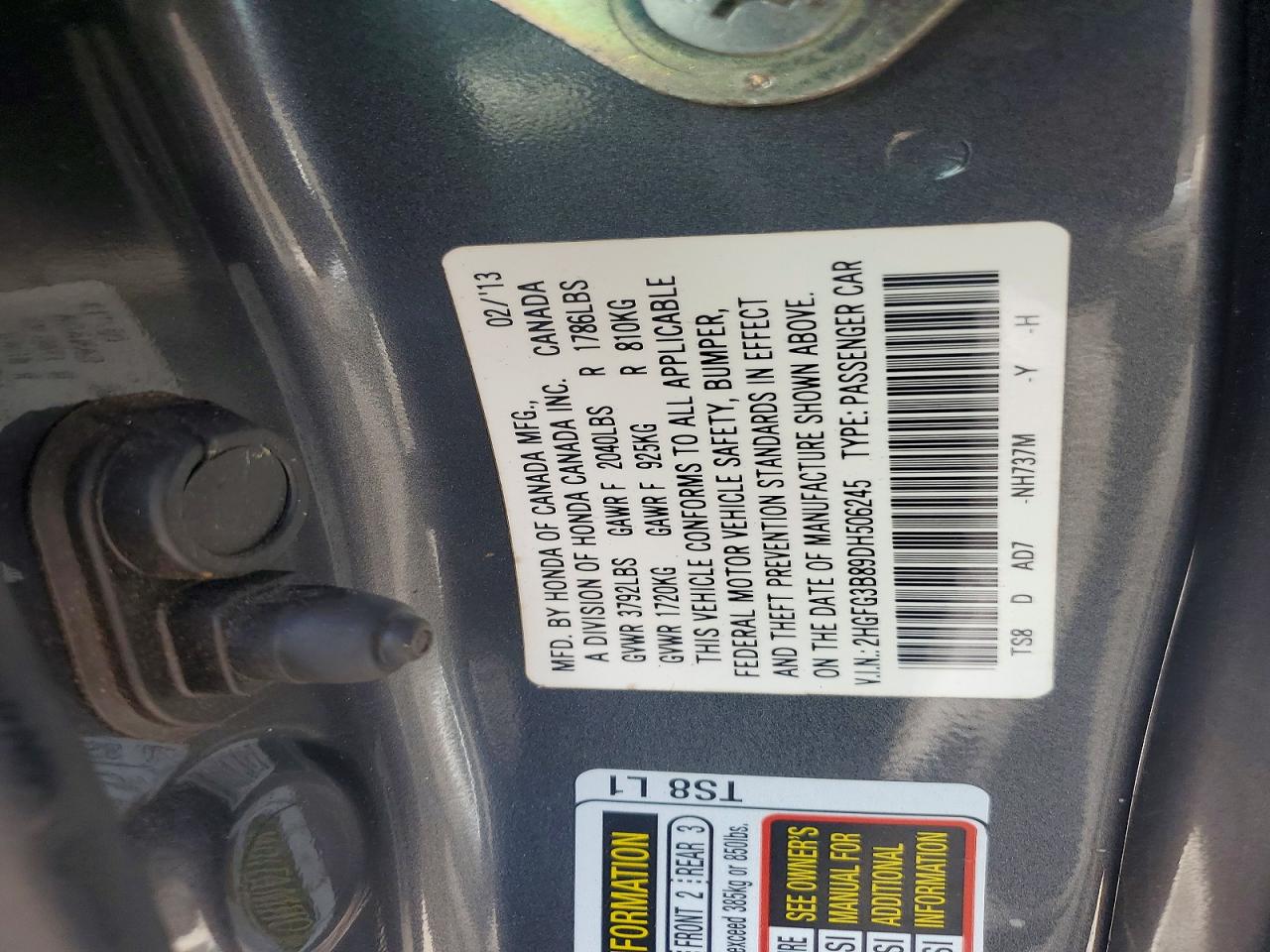2013 Honda Civic Ex Charcoal vin: 2HGFG3B89DH506245