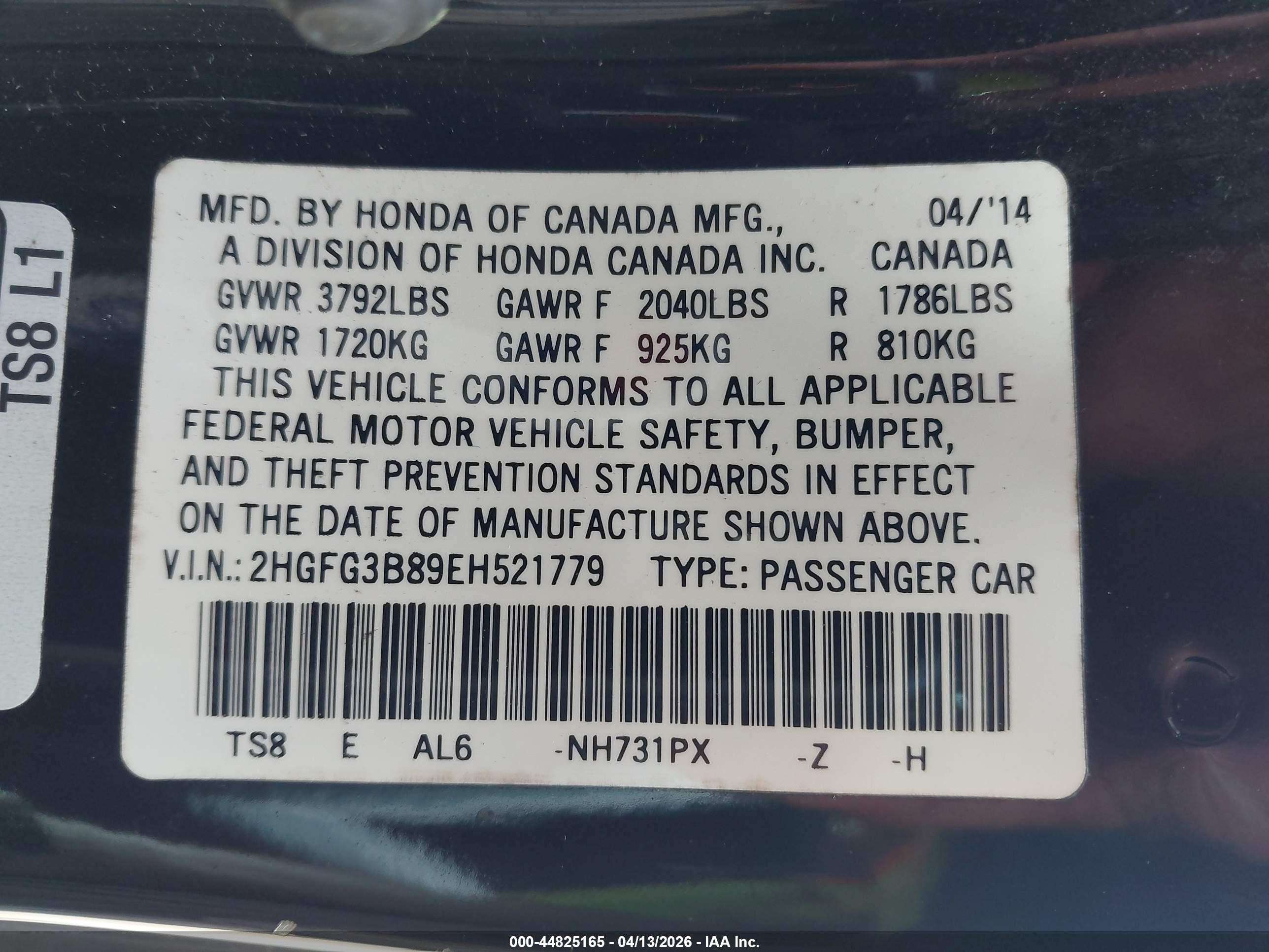 2014 Honda Civic Ex Black vin: 2HGFG3B89EH521779