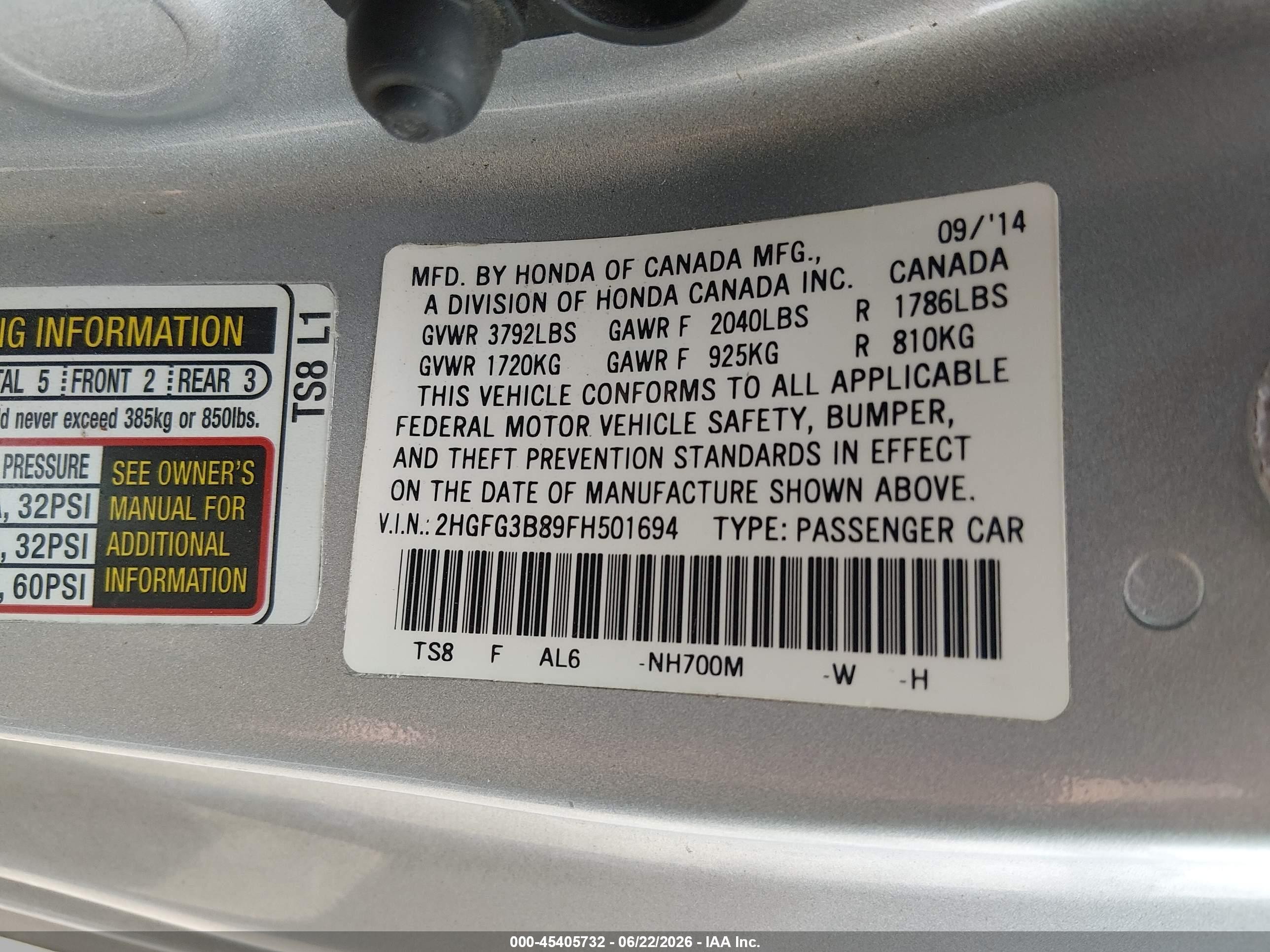 2015 Honda Civic Ex Silver vin: 2HGFG3B89FH501694