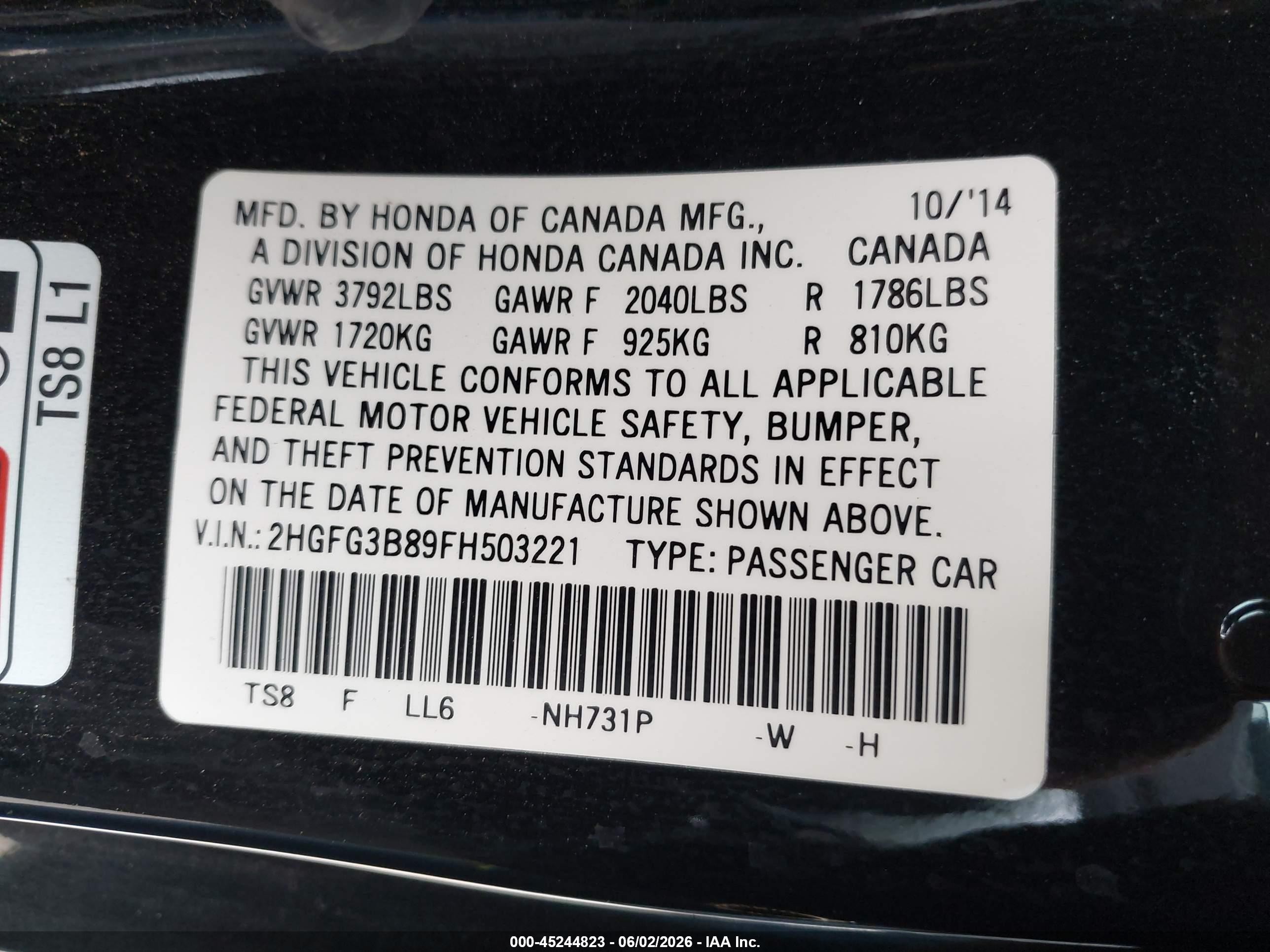 2015 Honda Civic Ex Black vin: 2HGFG3B89FH503221