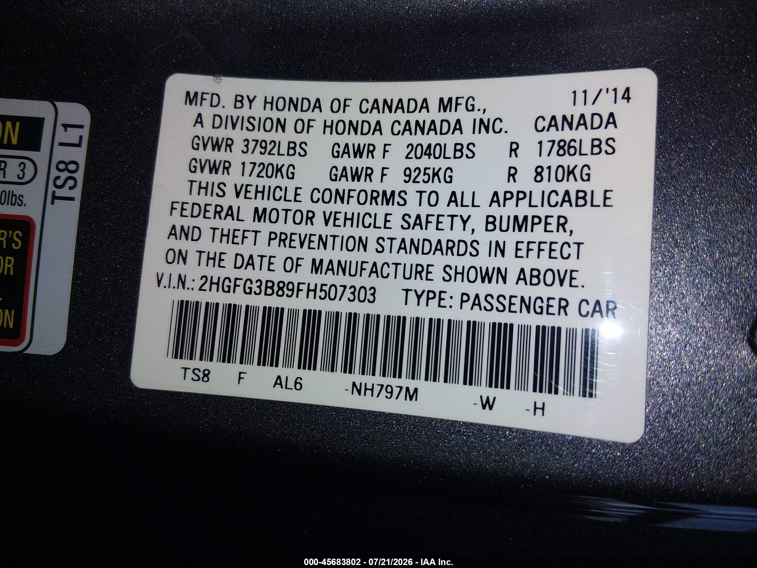 2015 Honda Civic Ex Gray vin: 2HGFG3B89FH507303
