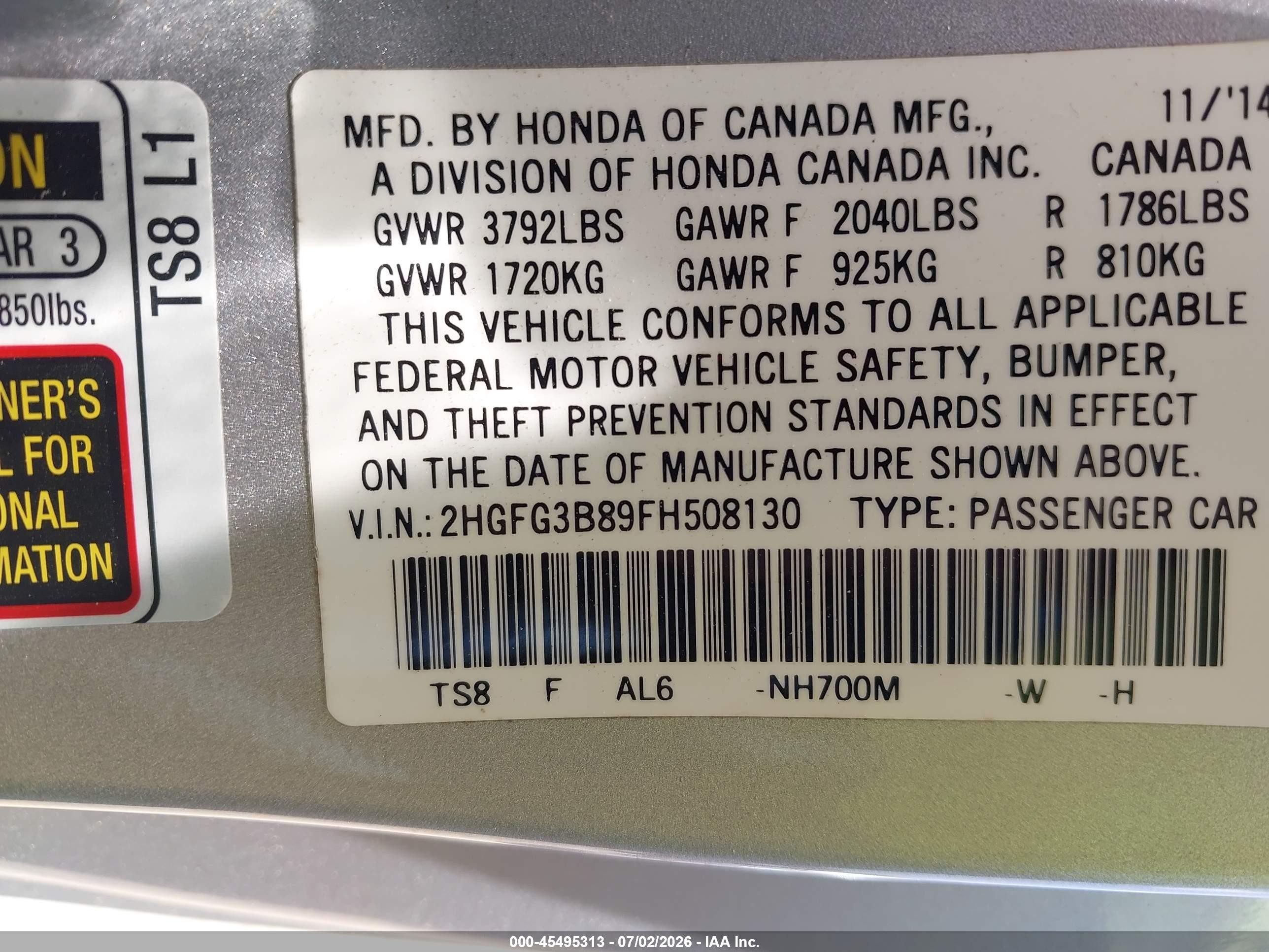 2015 Honda Civic Ex Silver vin: 2HGFG3B89FH508130