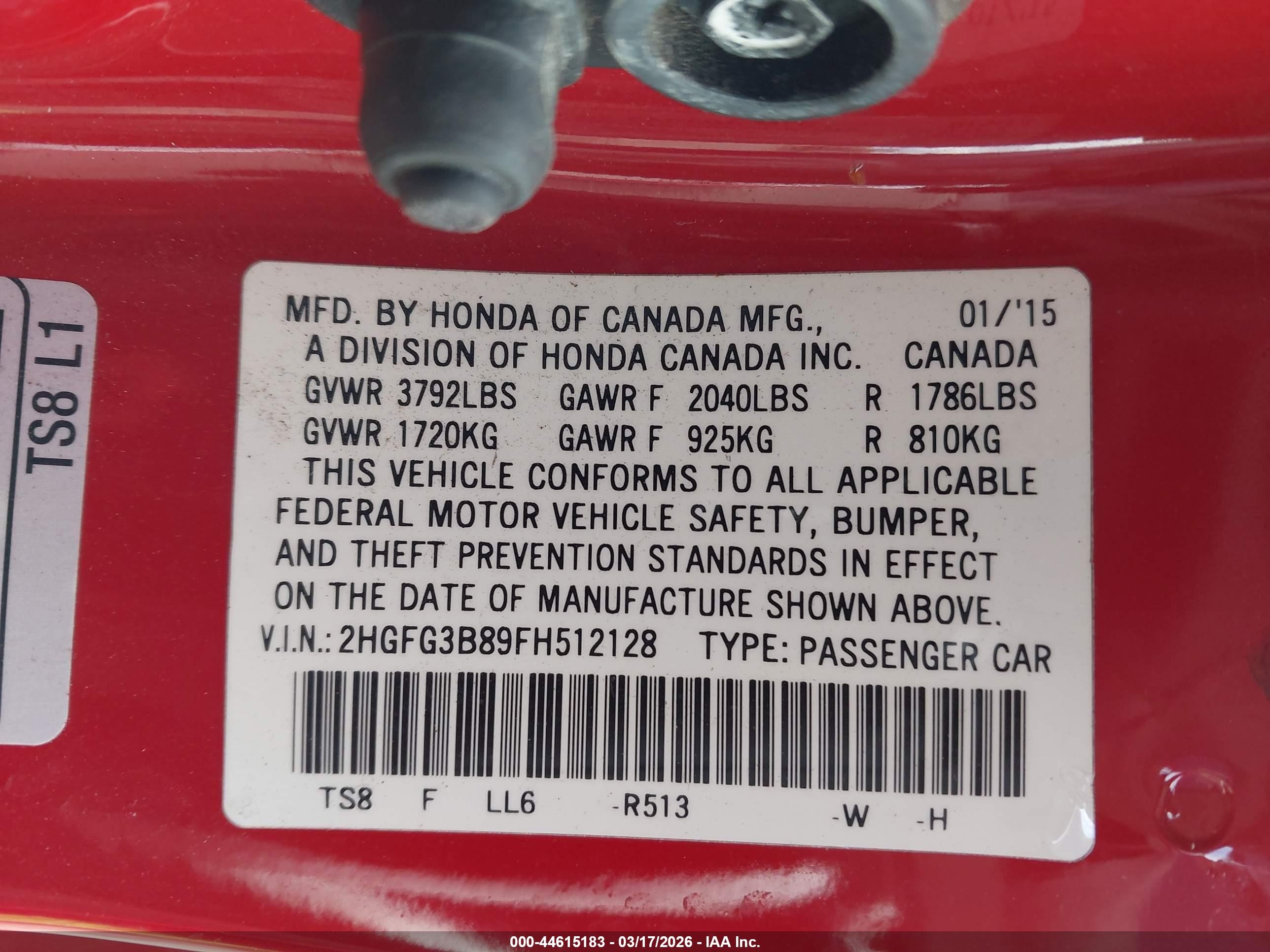 2015 Honda Civic Ex Red vin: 2HGFG3B89FH512128