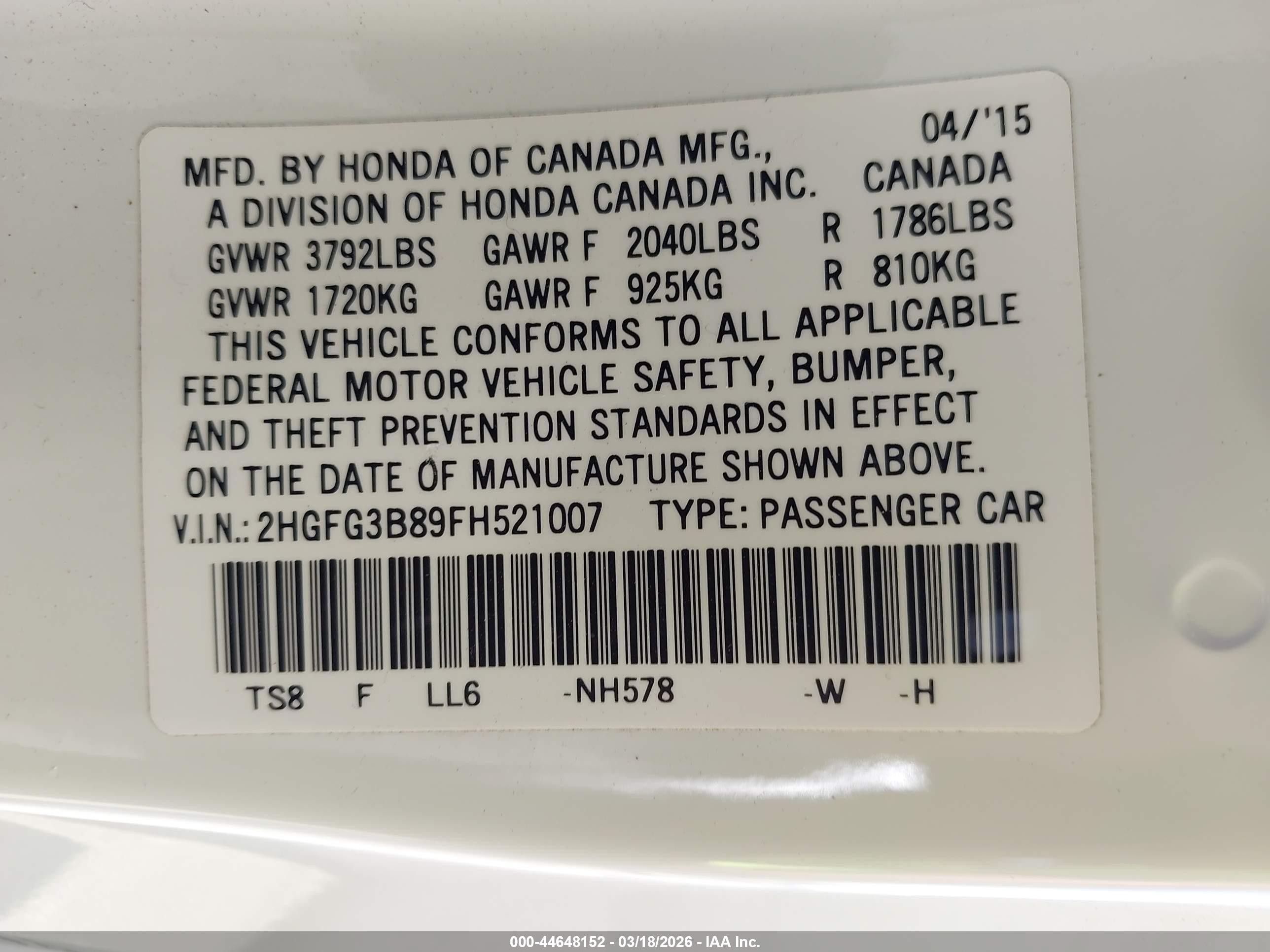2015 Honda Civic Ex White vin: 2HGFG3B89FH521007