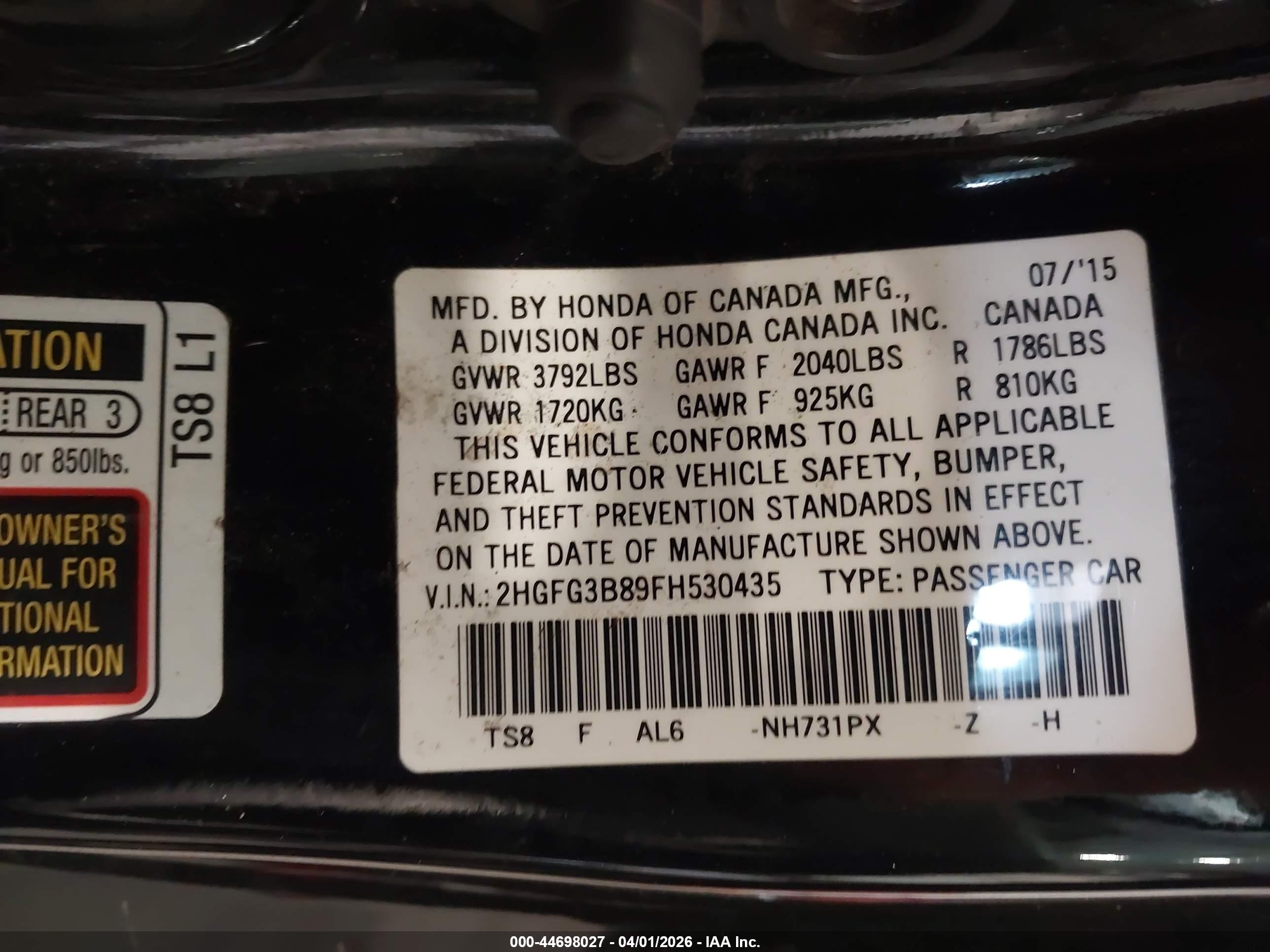 2015 Honda Civic Ex Black vin: 2HGFG3B89FH530435