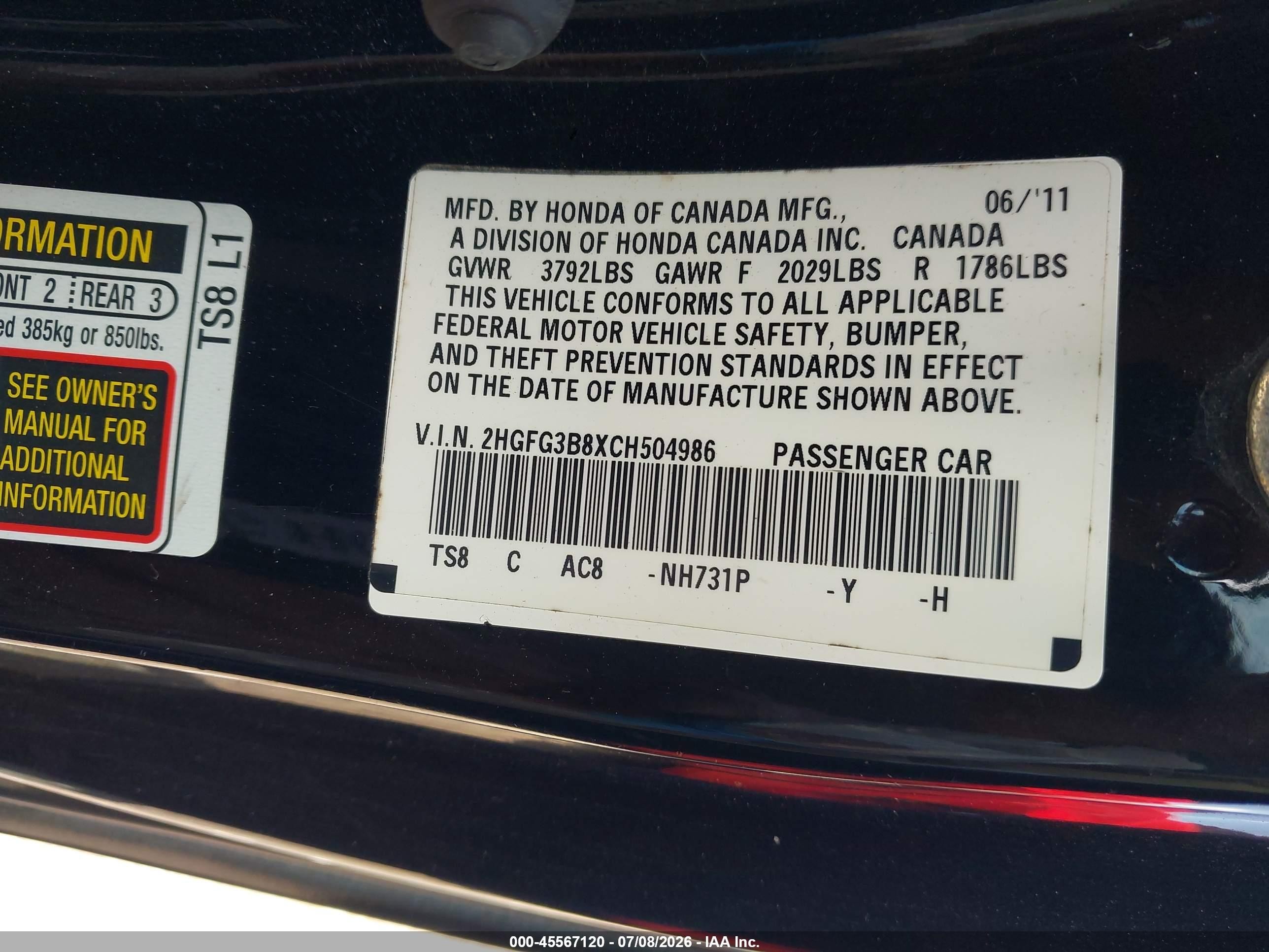 2012 Honda Civic Ex Black vin: 2HGFG3B8XCH504986