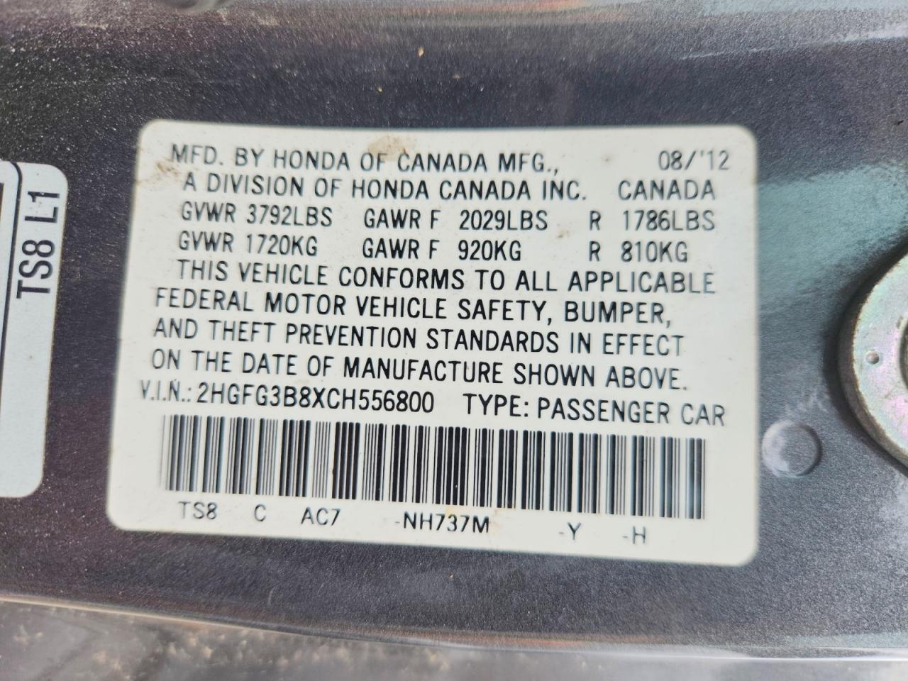 2012 Honda Civic Gray vin: 2HGFG3B8XCH556800