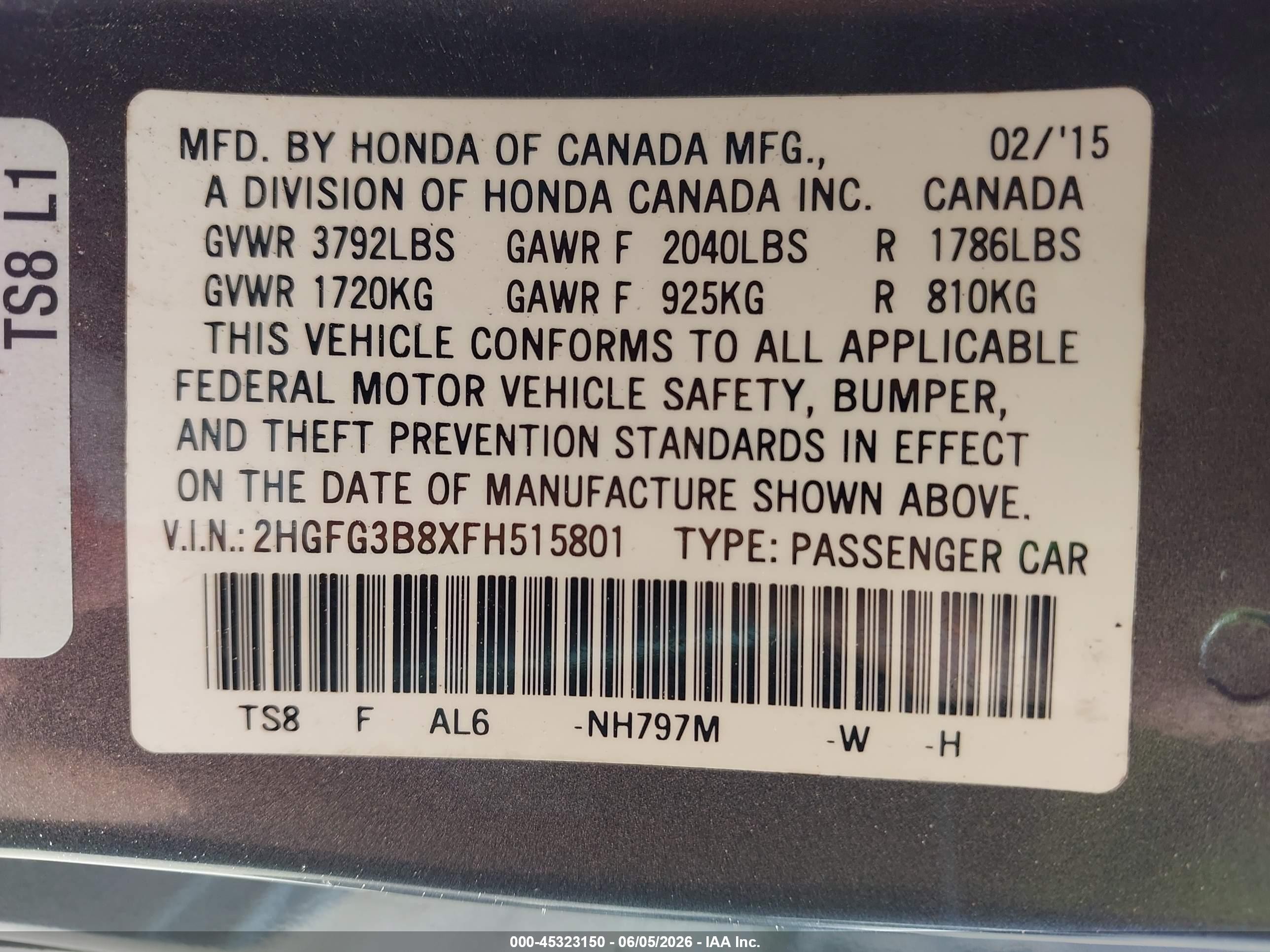 2015 Honda Civic Ex Gray vin: 2HGFG3B8XFH515801