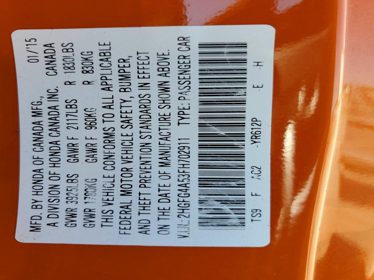 2015 Honda Civic Si Orange vin: 2HGFG4A53FH702911