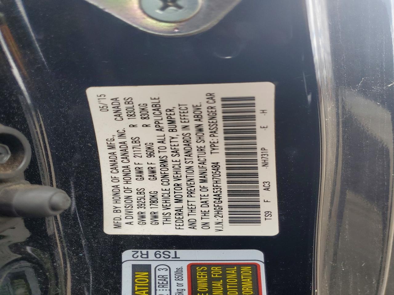 2015 Honda Civic Black vin: 2HGFG4A53FH705484