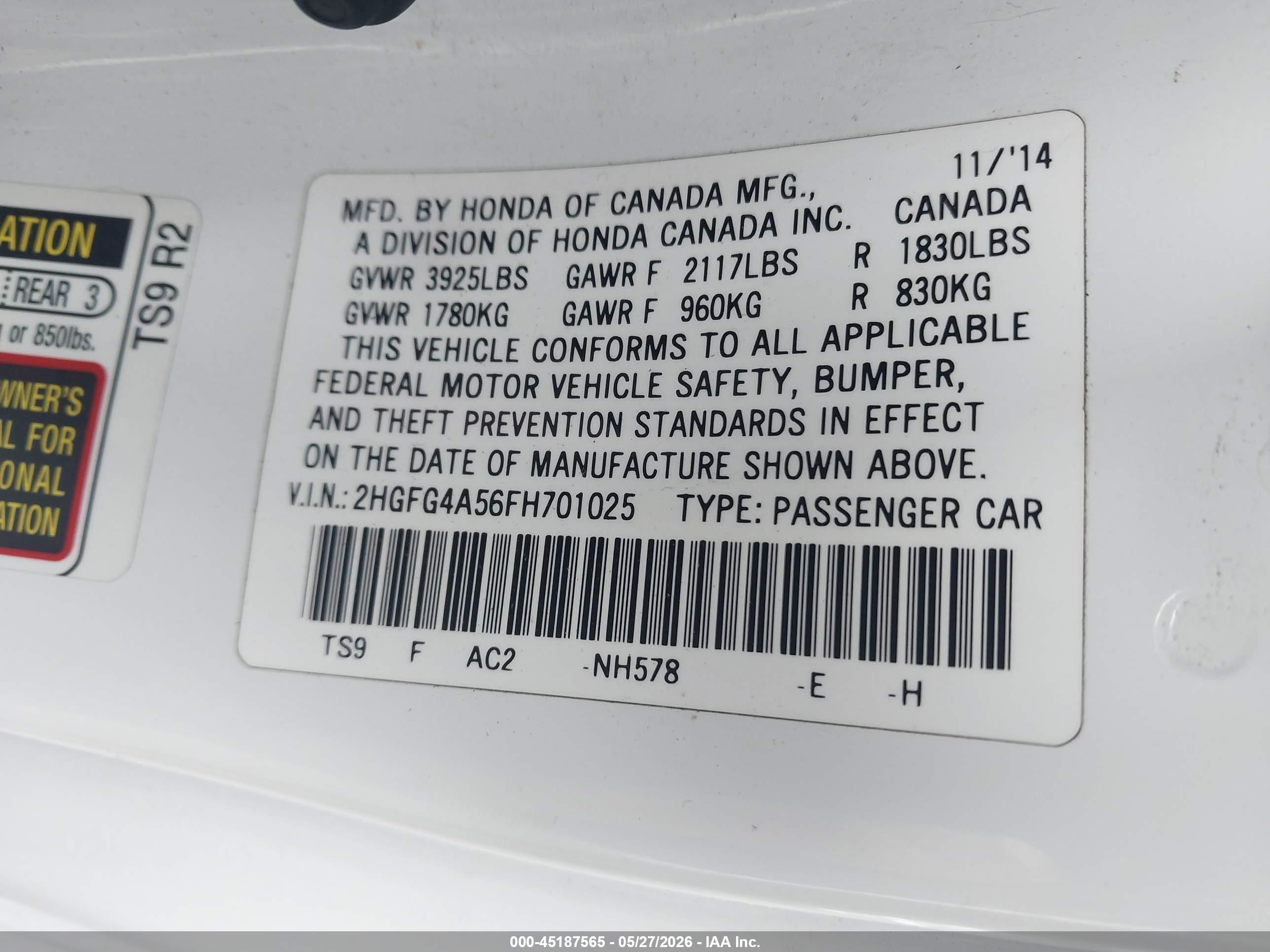 2015 Honda Civic Si White vin: 2HGFG4A56FH701025