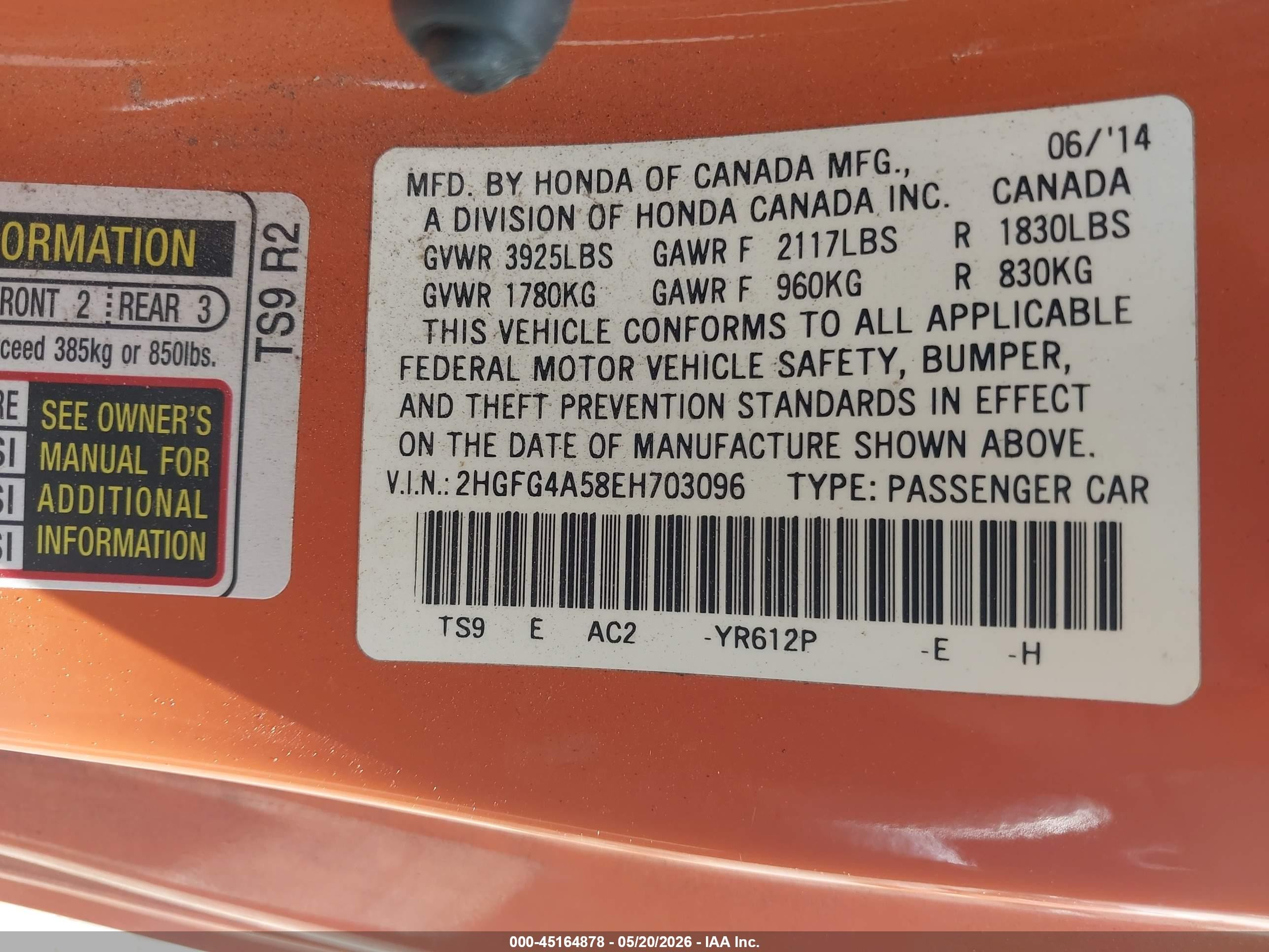2014 Honda Civic Si Orange vin: 2HGFG4A58EH703096