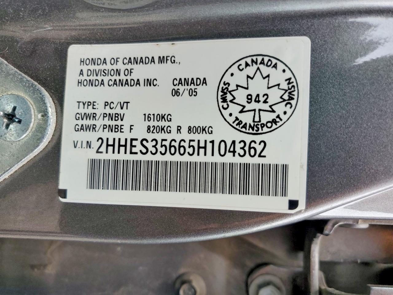 2005 Acura 1.7el Touring Silver vin: 2HHES35665H104362