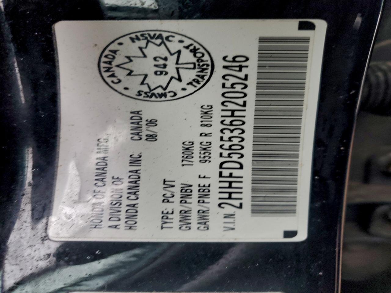 2006 Acura Csx Touring Black vin: 2HHFD56536H205246
