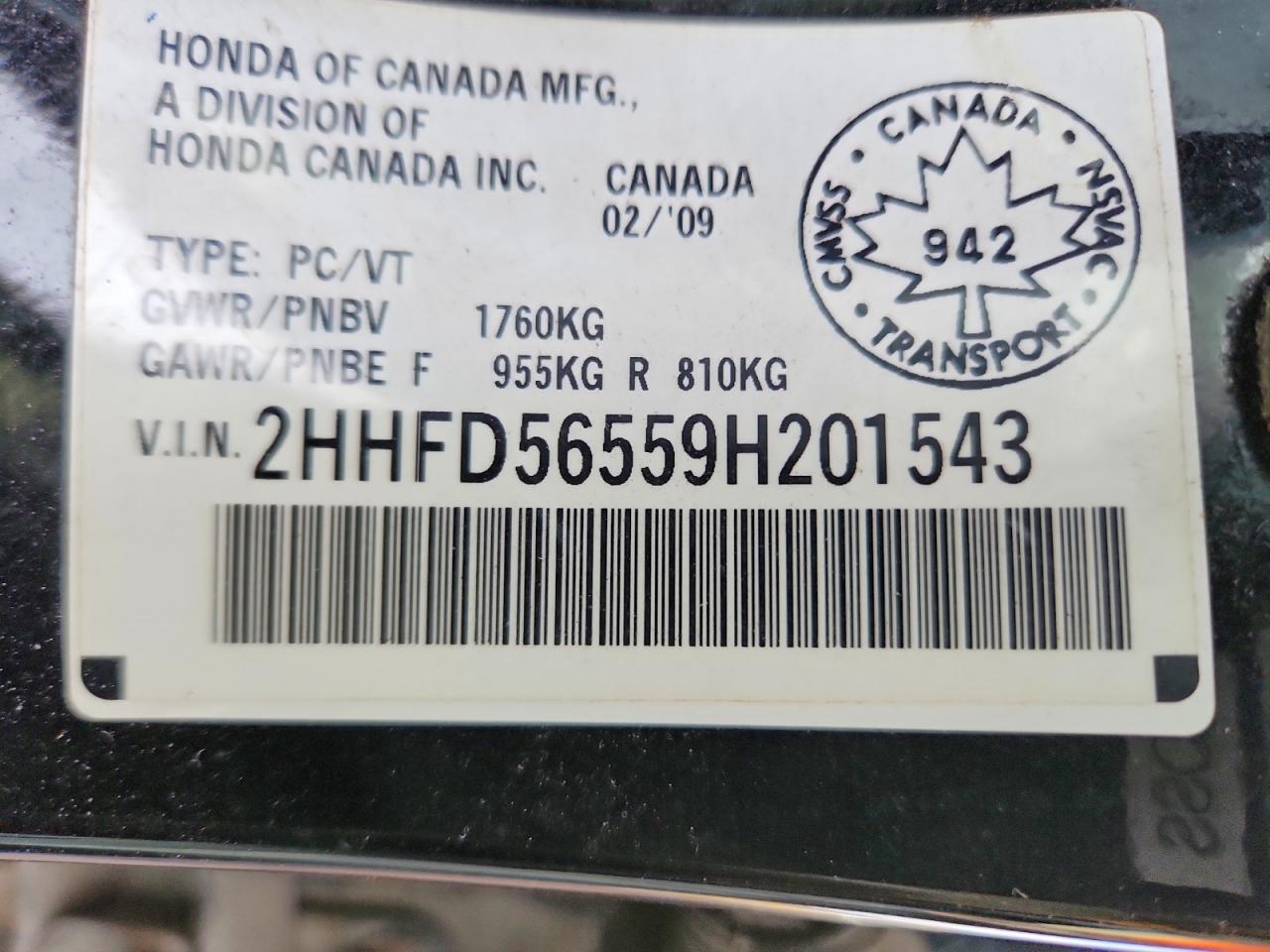 2009 Acura Csx Black vin: 2HHFD56559H201543