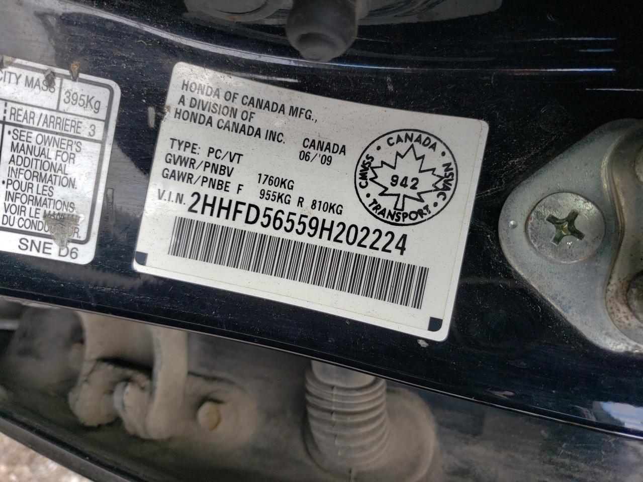 2009 Acura Csx Black vin: 2HHFD56559H202224
