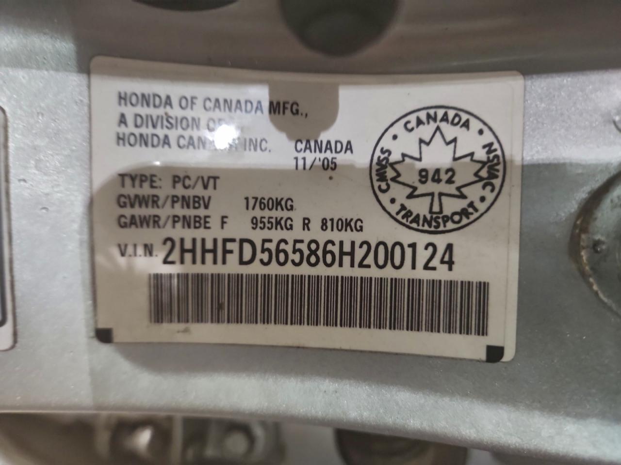 2006 Acura Csx Touring Silver vin: 2HHFD56586H200124