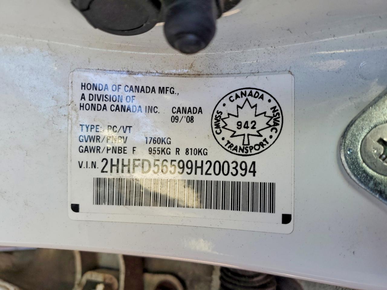 2009 Acura Csx White vin: 2HHFD56599H200394