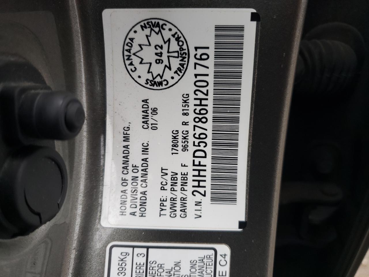 2006 Acura Csx Premium Gray vin: 2HHFD56786H201761
