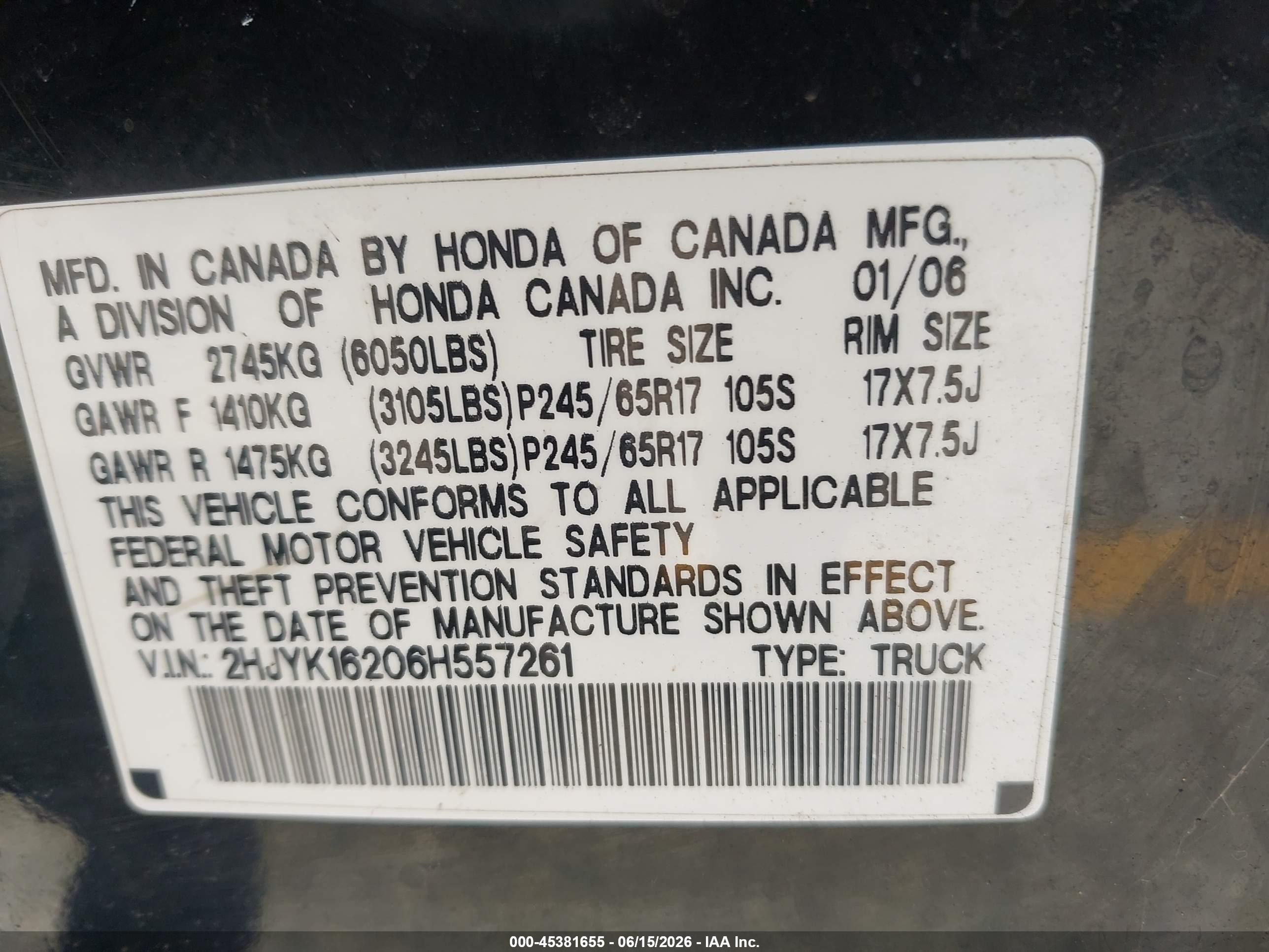 2006 Honda Ridgeline Rt Black vin: 2HJYK16206H557261