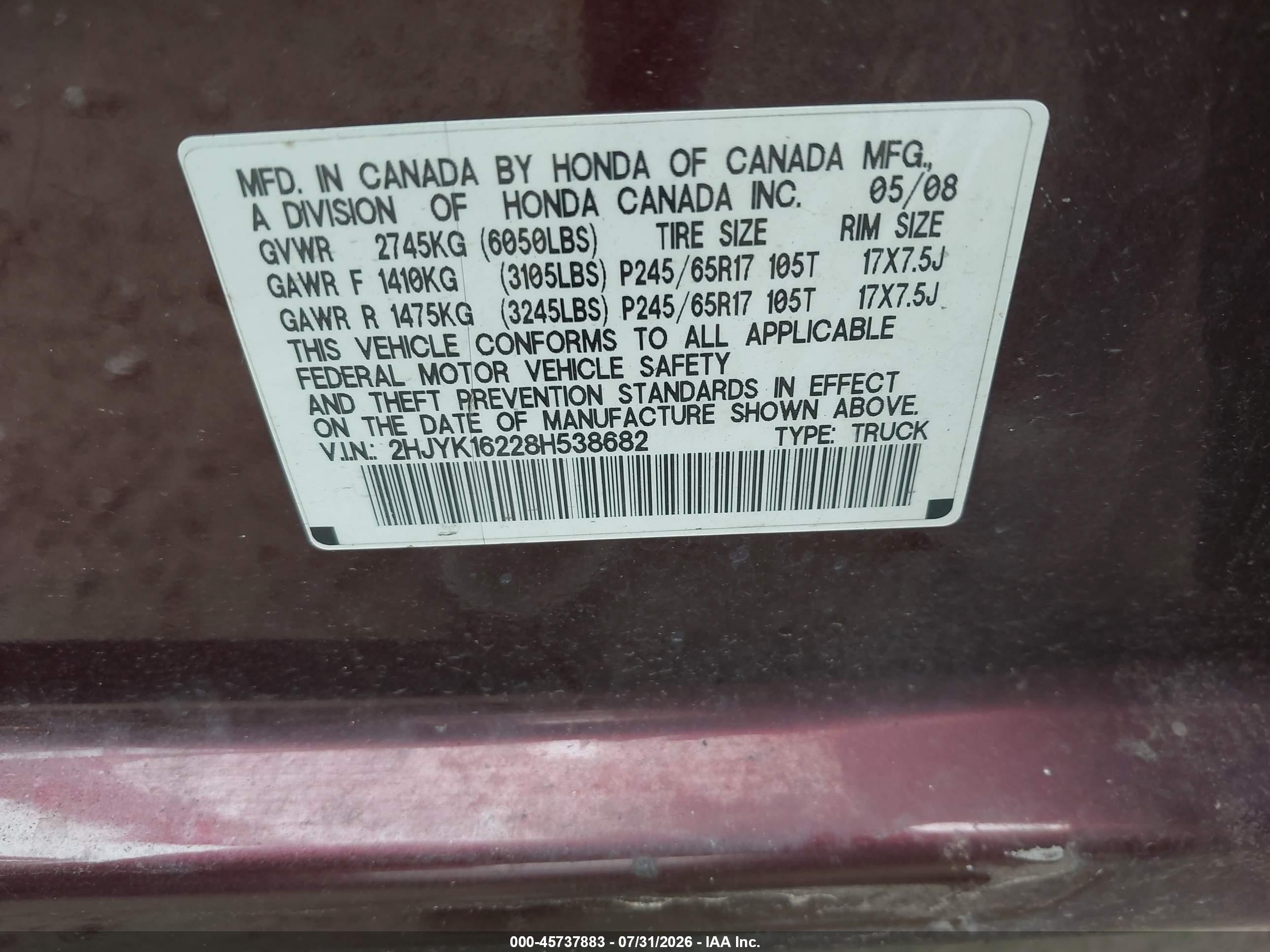 2008 Honda Ridgeline Rt Maroon vin: 2HJYK16228H538682