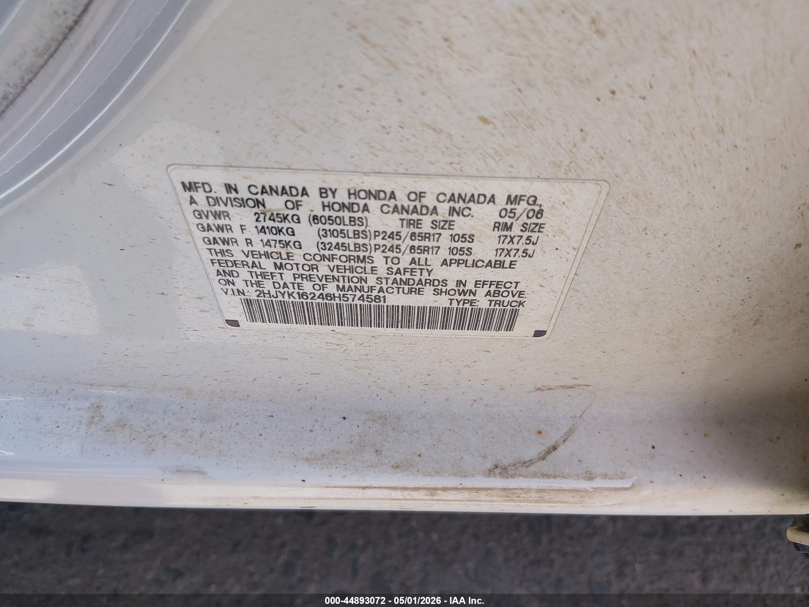 2006 Honda Ridgeline Rt White vin: 2HJYK16246H574581